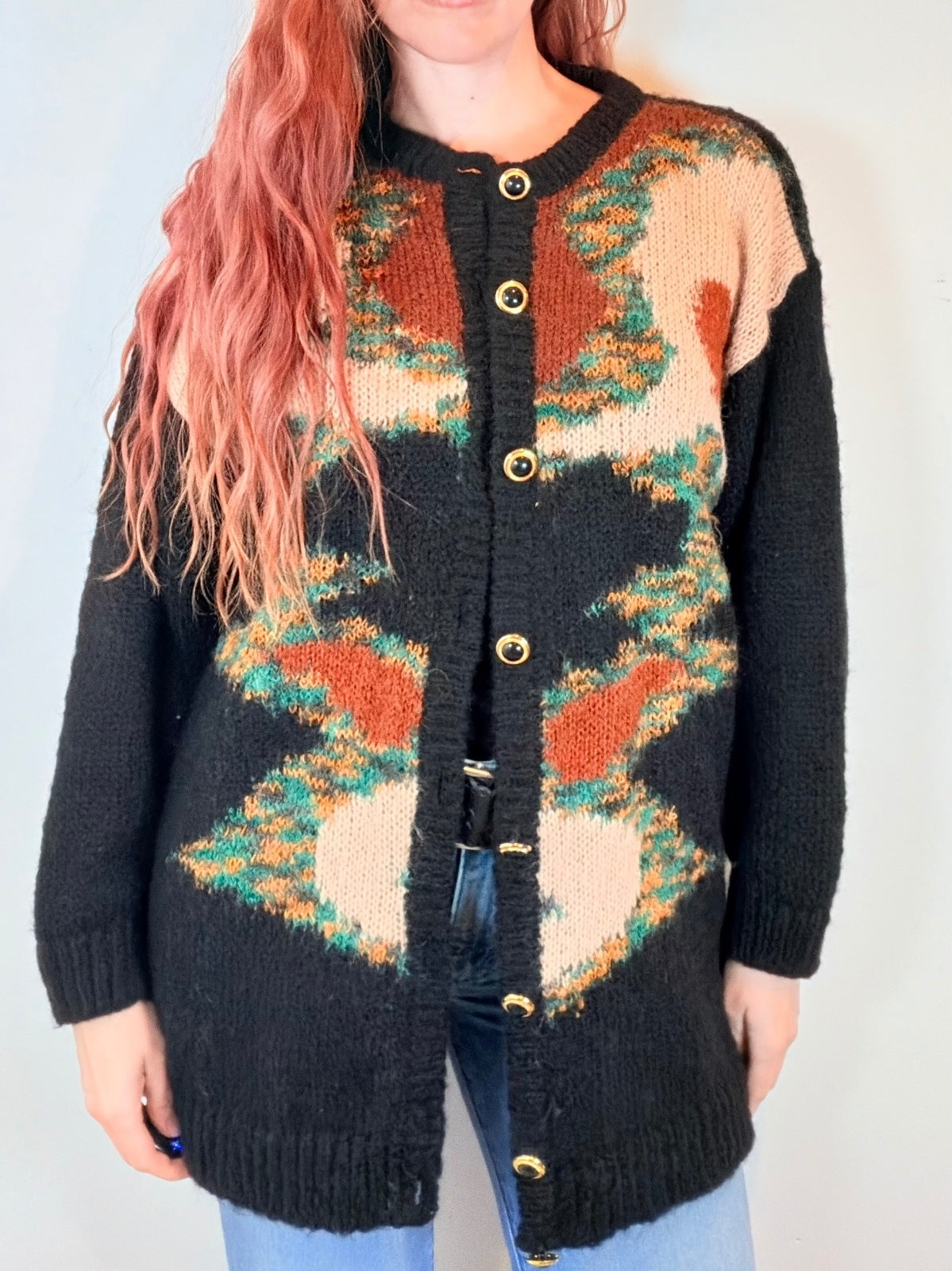 Vintage 1980s Knit Cardigan with Abstract Pattern and Gold Buttons Size 16 to 18