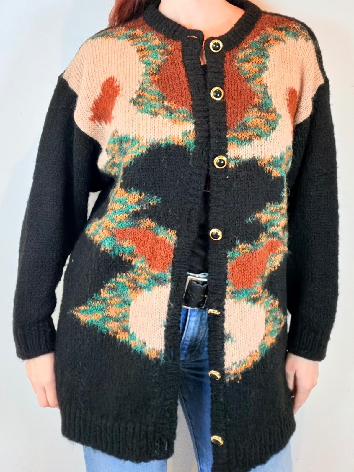 Vintage 1980s Knit Cardigan with Abstract Pattern and Gold Buttons Size 16 to 18
