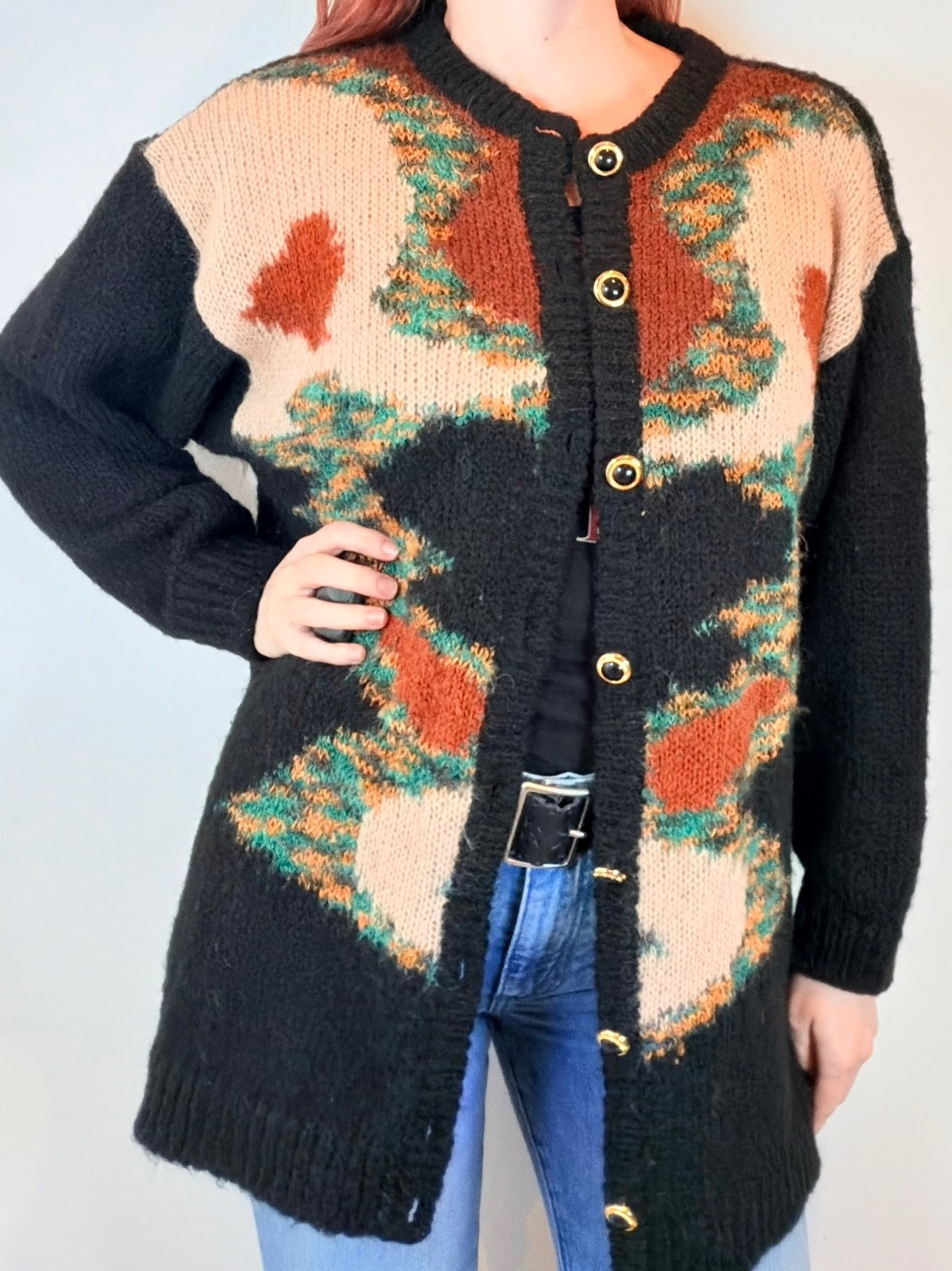 Vintage 1980s Knit Cardigan with Abstract Pattern and Gold Buttons Size 16 to 18
