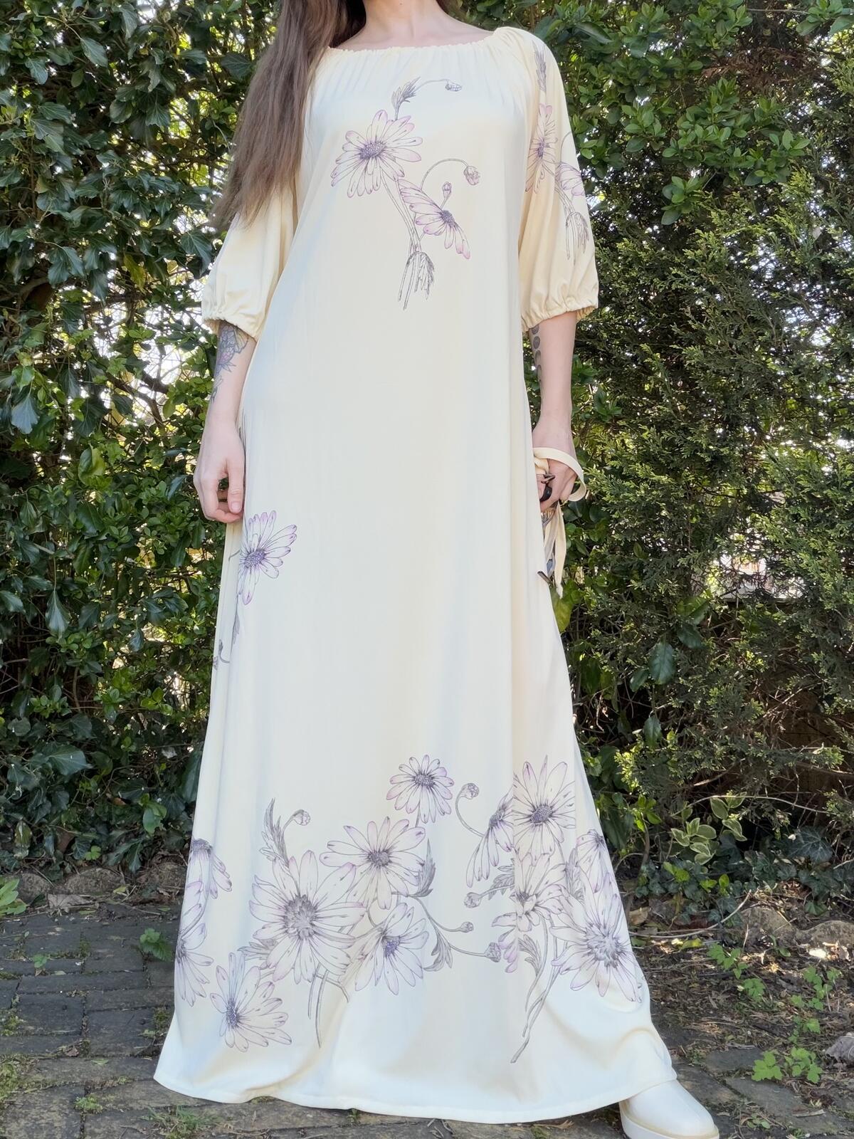 Cream Floral Maxi Dress with Tie Waist Long Hippie Boho Summer Dress Size 16 18