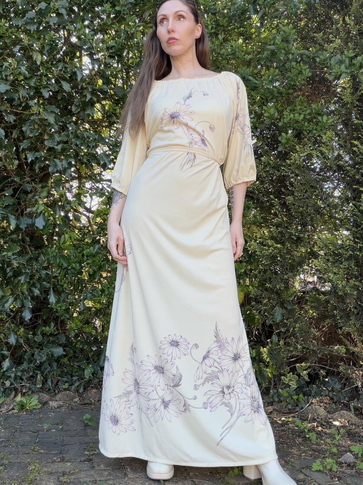 Cream Floral Maxi Dress with Tie Waist Long Hippie Boho Summer Dress Size 16 18