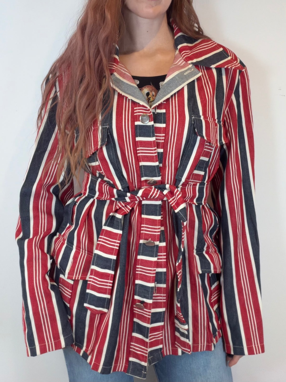 Vintage 1970s Striped Jacket Retro Belted Cotton Coat with Tie Waist size 16
