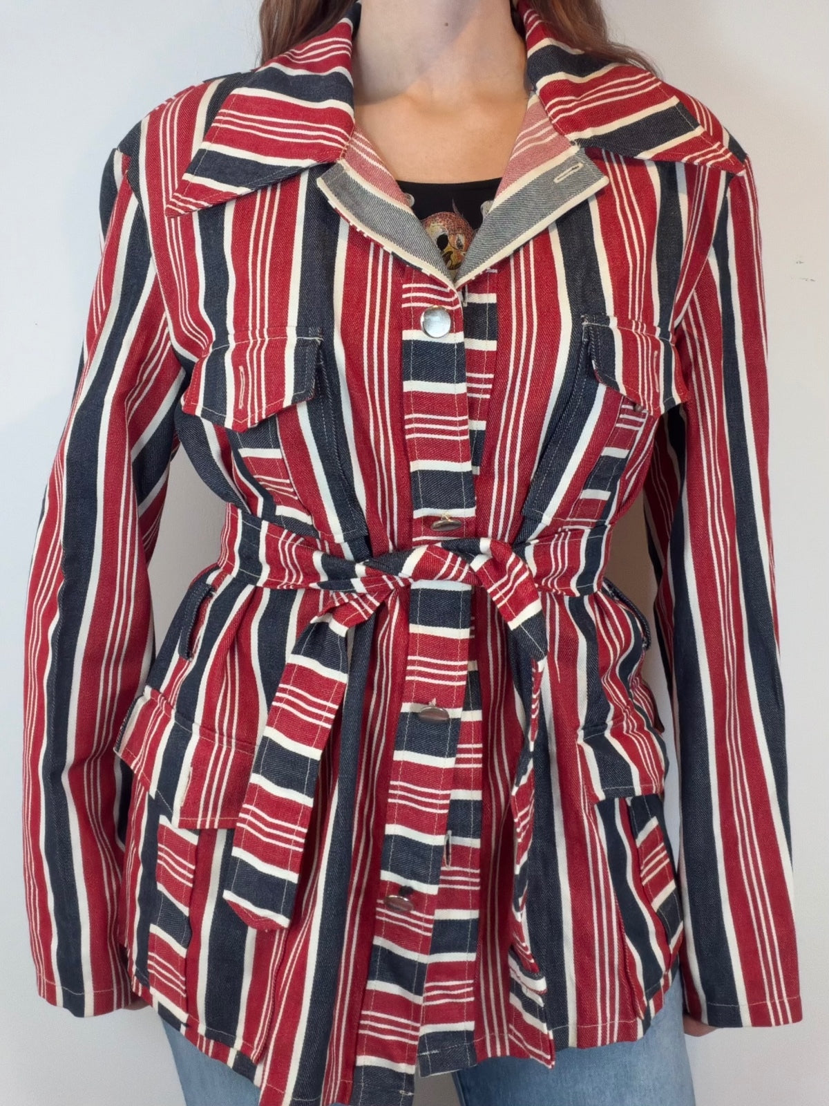 Vintage 1970s Striped Jacket Retro Belted Cotton Coat with Tie Waist size 16