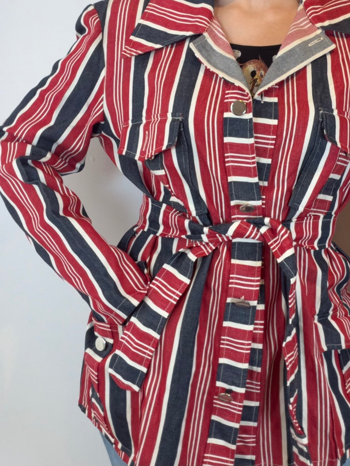 Vintage 1970s Striped Jacket Retro Belted Cotton Coat with Tie Waist size 16