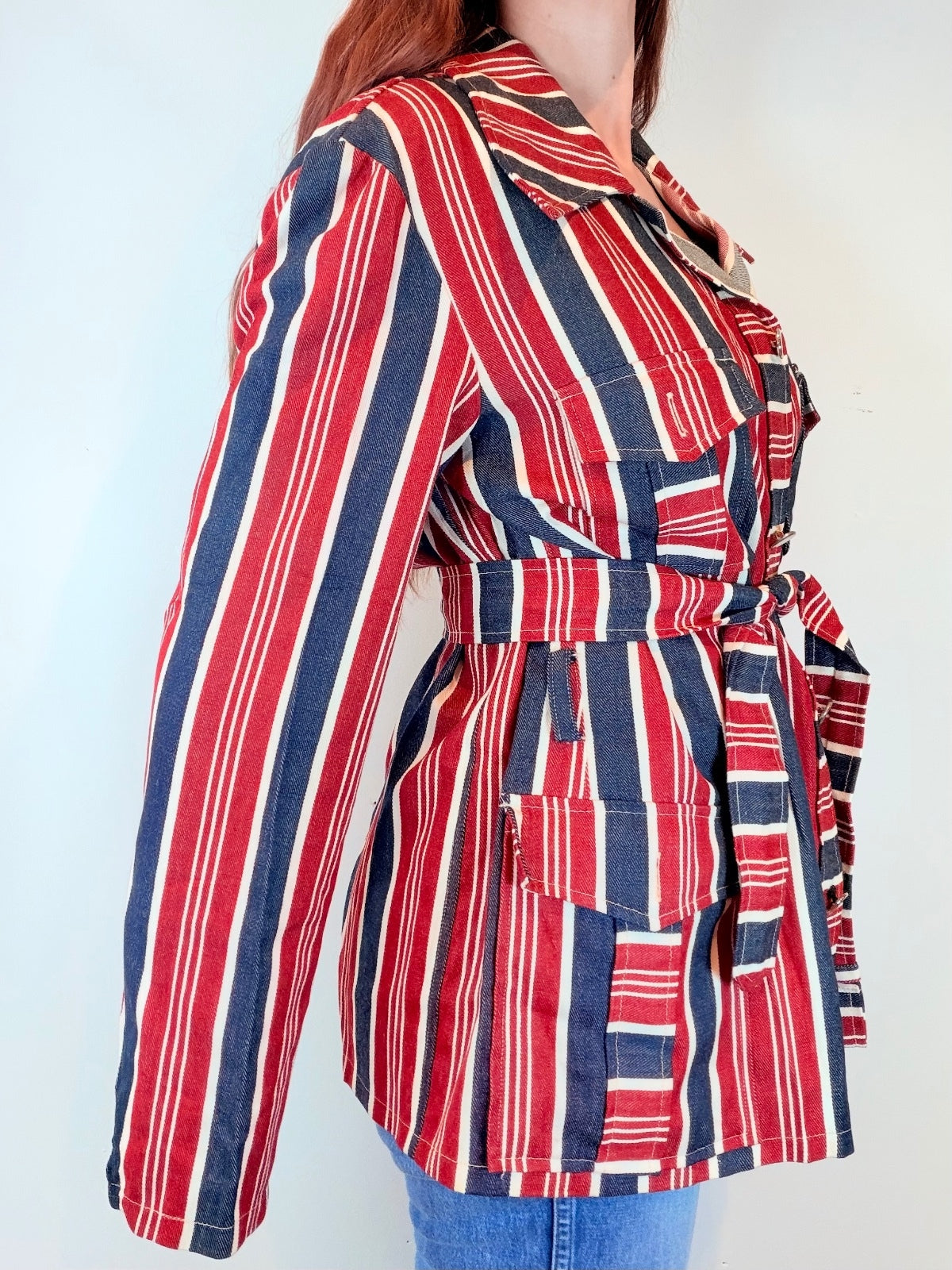 Vintage 1970s Striped Jacket Retro Belted Cotton Coat with Tie Waist size 16