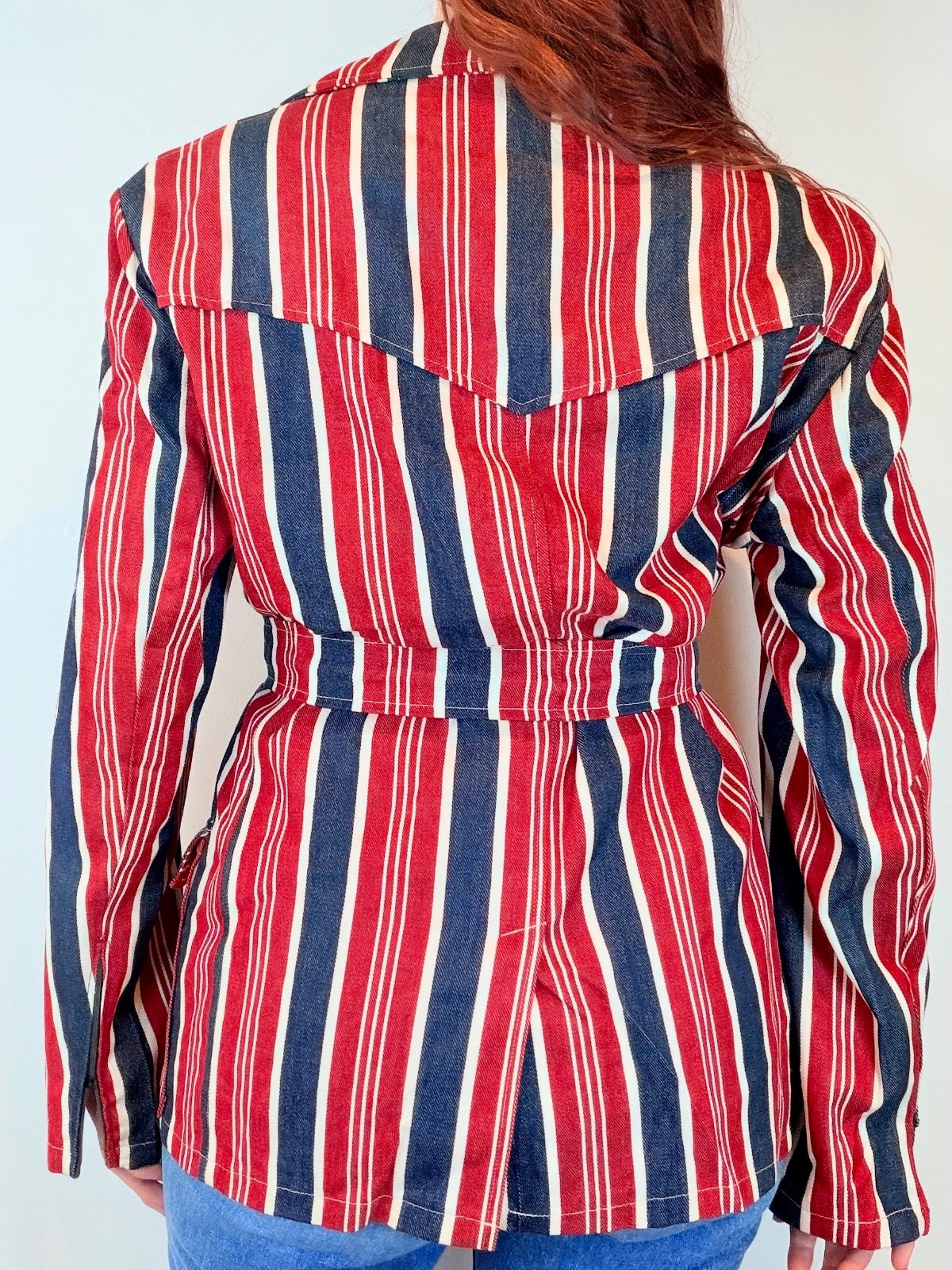 Vintage 1970s Striped Jacket Retro Belted Cotton Coat with Tie Waist size 16