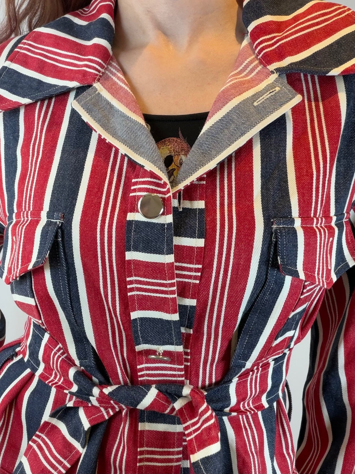 Vintage 1970s Striped Jacket Retro Belted Cotton Coat with Tie Waist size 16