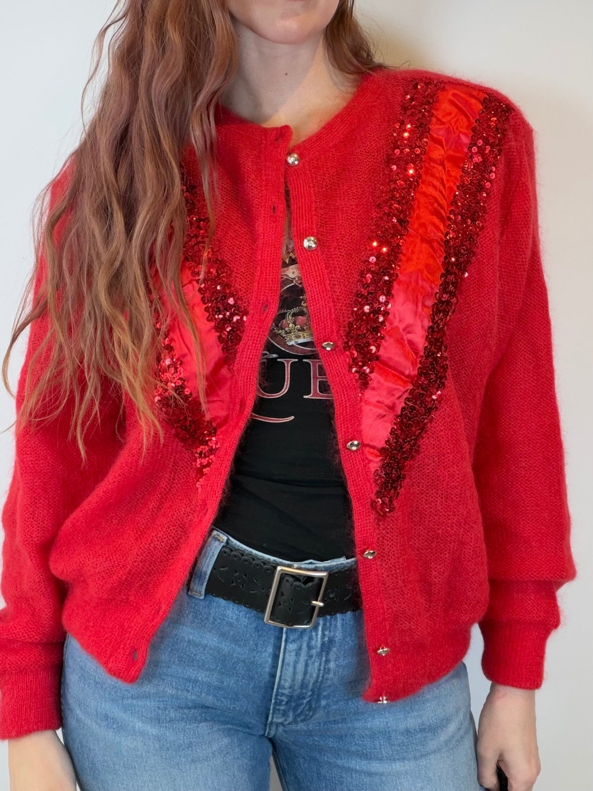 Vintage 1980s Red Cardigan Sequin Panel Jumper Sweater Size 14 to 16