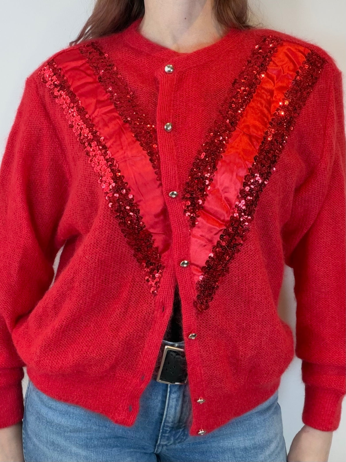 Vintage 1980s Red Cardigan Sequin Panel Jumper Sweater Size 14 to 16