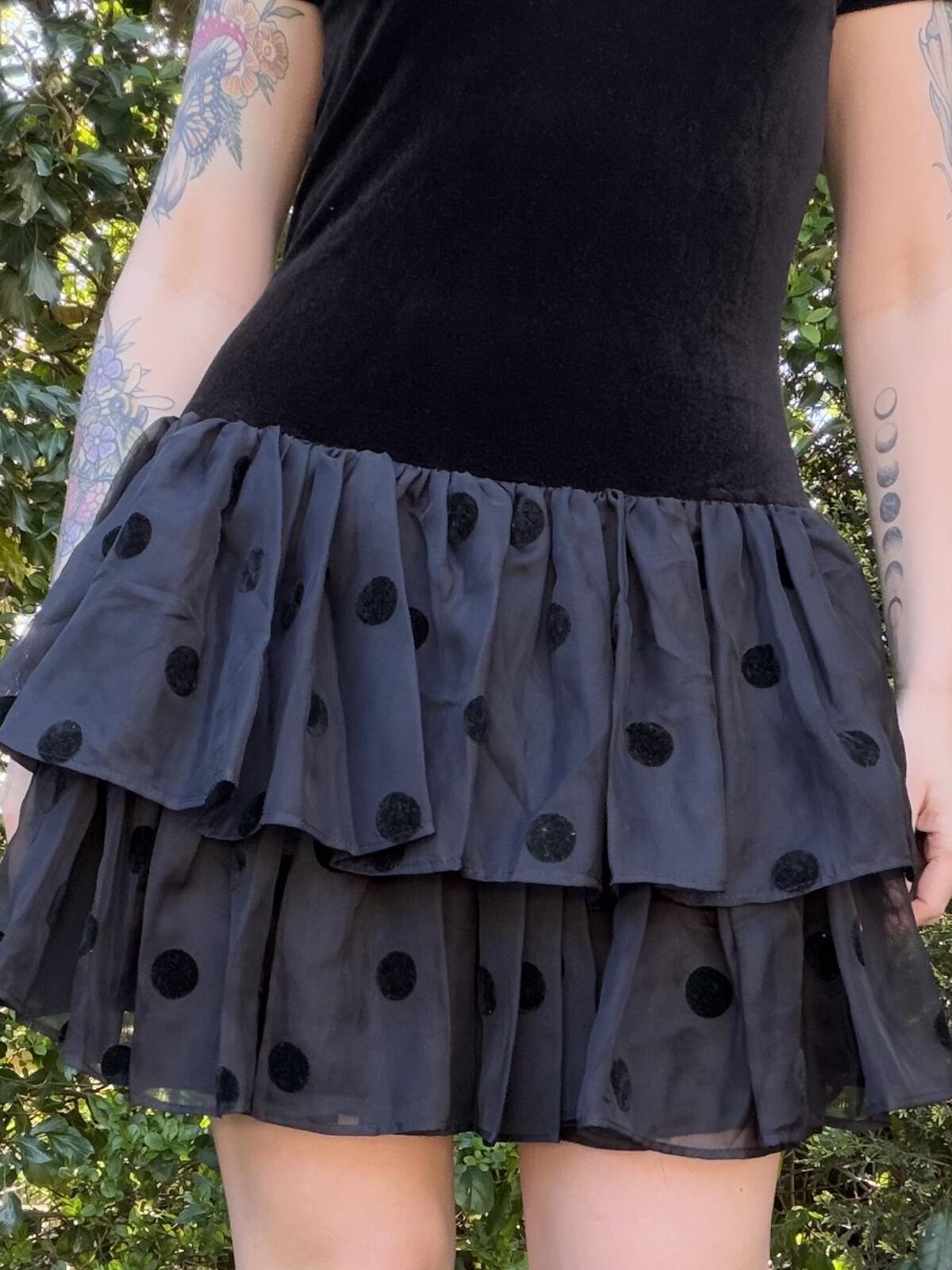 Vintage 1980s Party Dress Black Velvet and Polka Dot Ruffle Mini Dress Size 12