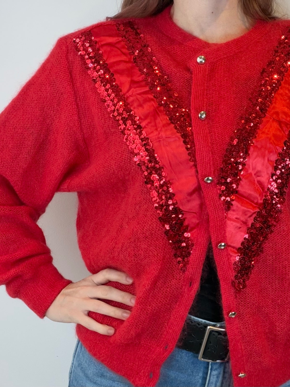 Vintage 1980s Red Cardigan Sequin Panel Jumper Sweater Size 14 to 16