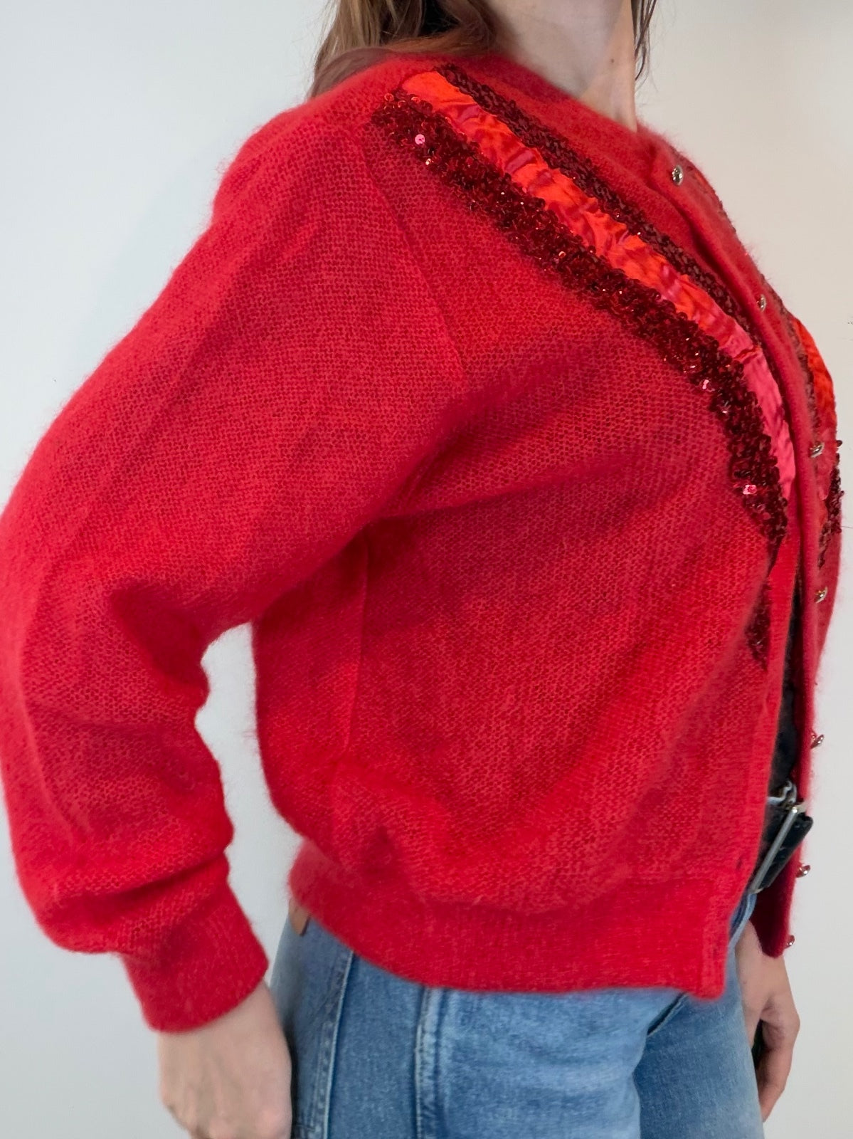 Vintage 1980s Red Cardigan Sequin Panel Jumper Sweater Size 14 to 16