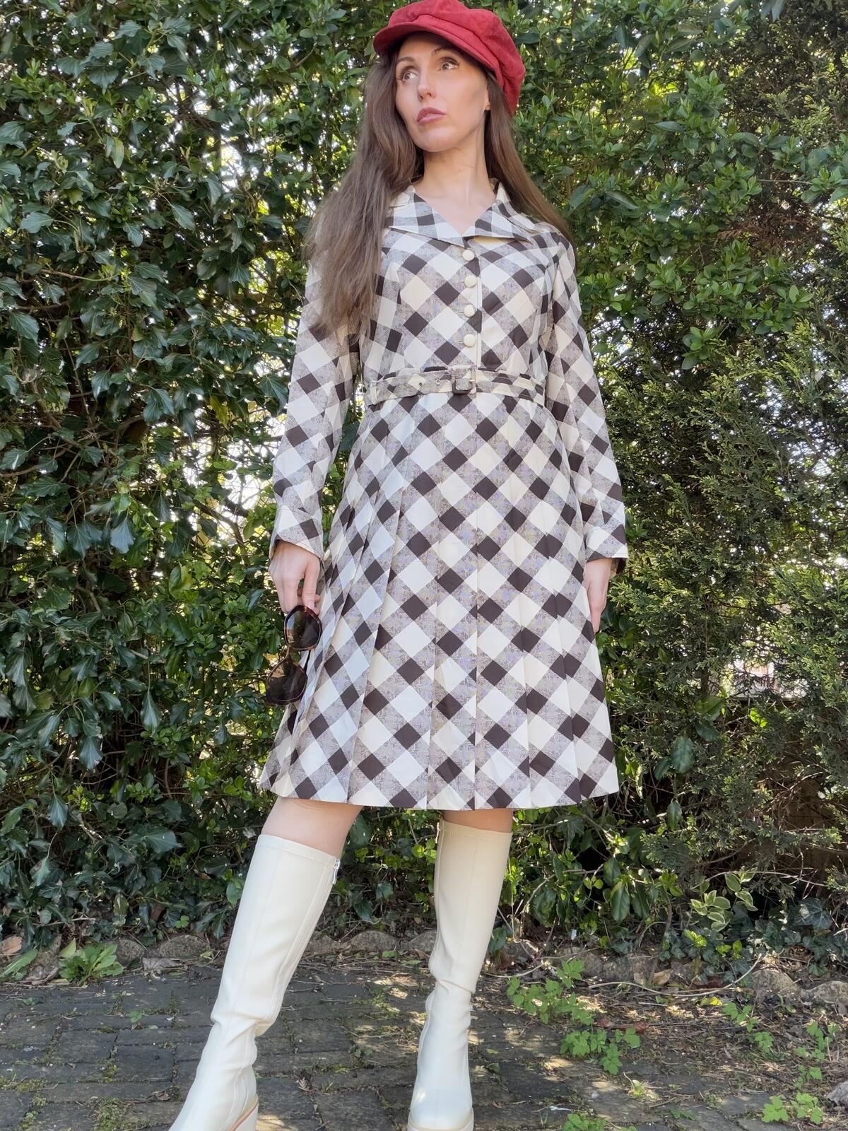 Vintage 1980s Shirt Dress Plaid Checkered Belted Pleated Dress Long sleeve 14