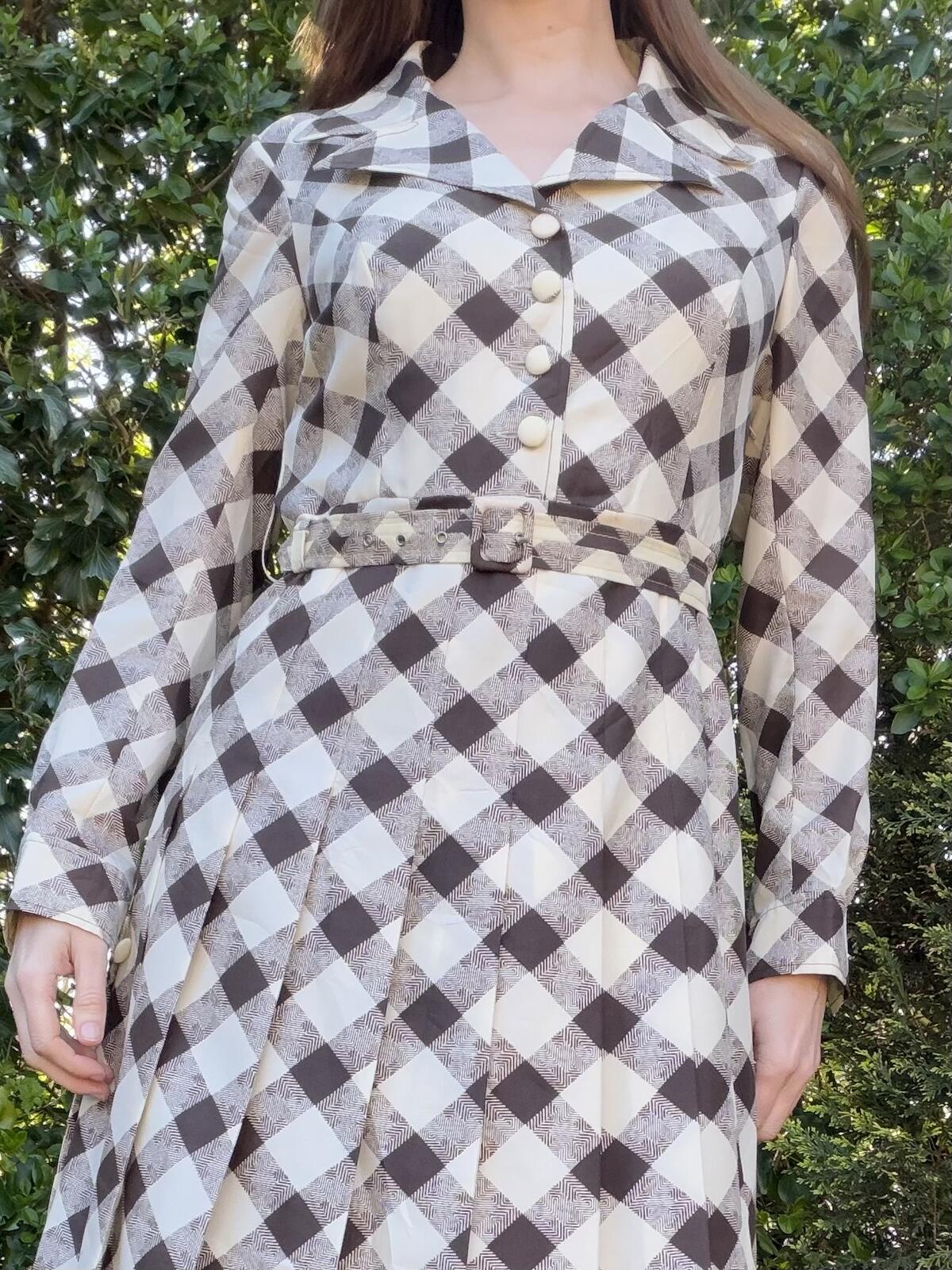 Vintage 1980s Shirt Dress Plaid Checkered Belted Pleated Dress Long sleeve 14