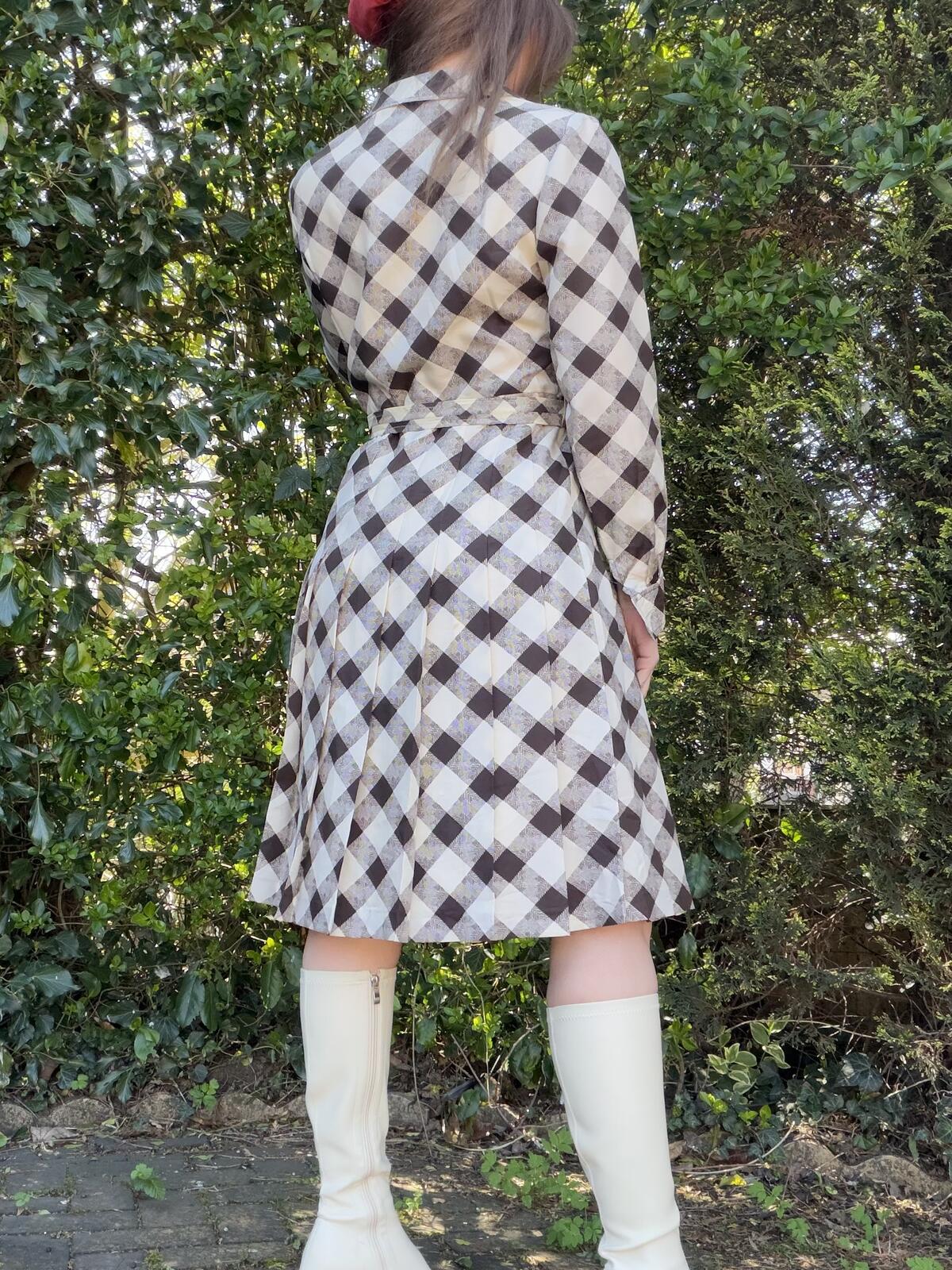 Vintage 1980s Shirt Dress Plaid Checkered Belted Pleated Dress Long sleeve 14