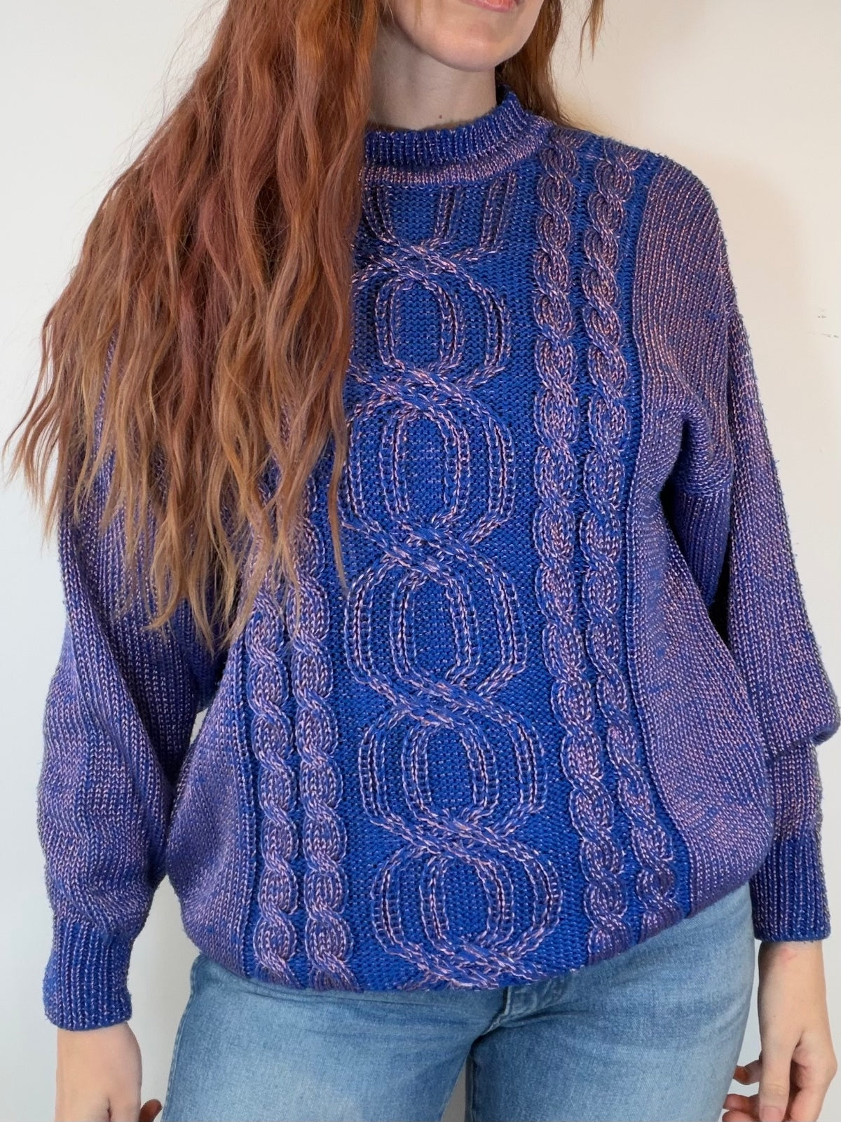 Vintage 1980s Knitted Jumper Cable Knit Sweater Blue Size 14 by Canda