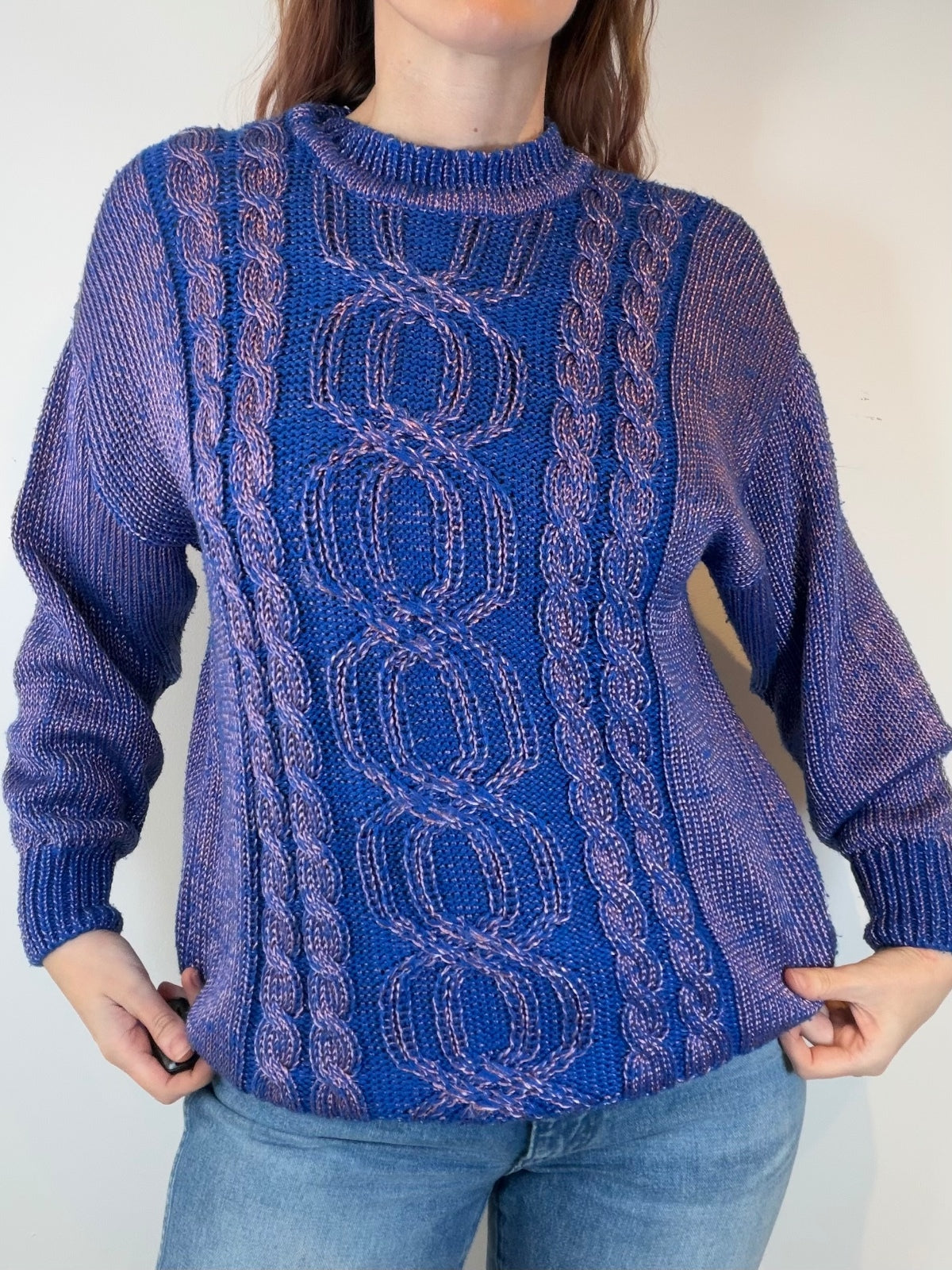 Vintage 1980s Knitted Jumper Cable Knit Sweater Blue Size 14 by Canda
