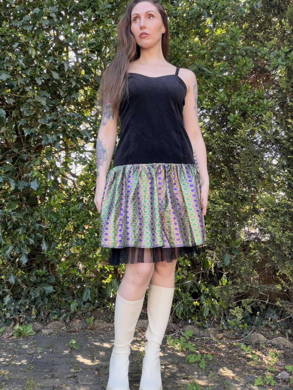 Vintage 1980s Party Dress Black Velvet with Patterned Skirt Dress Size 12
