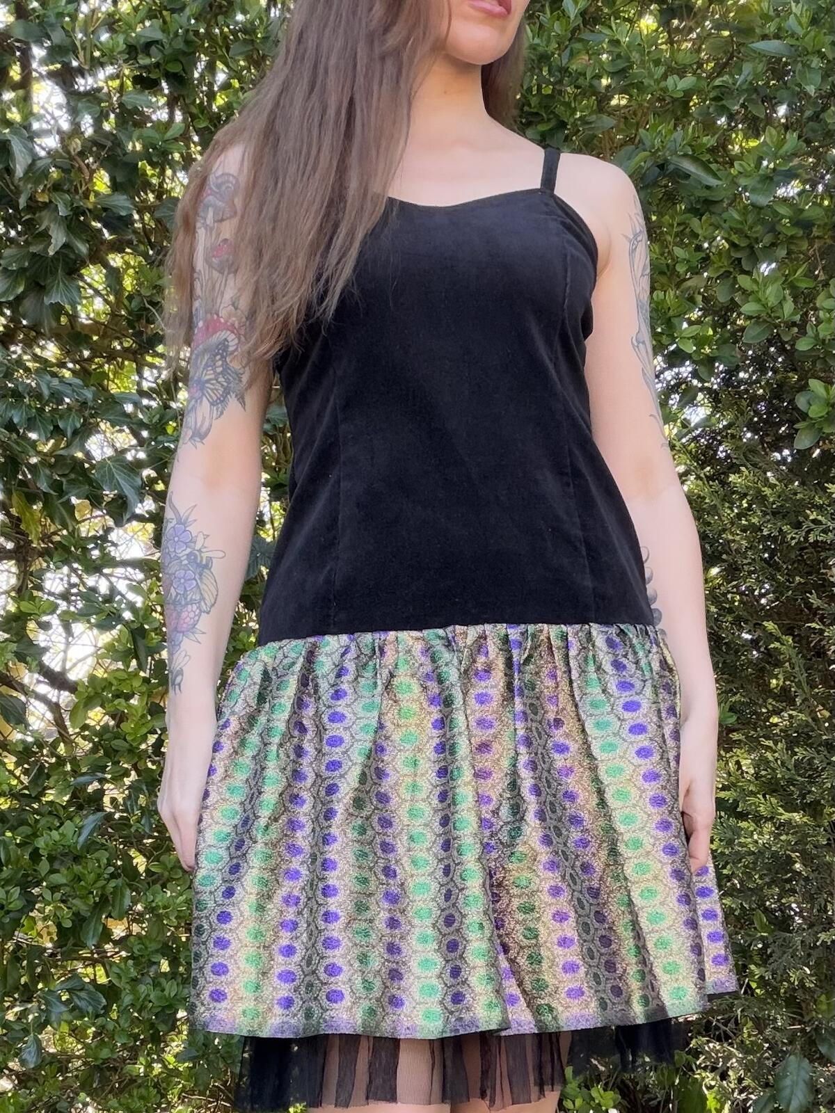 Vintage 1980s Party Dress Black Velvet with Patterned Skirt Dress Size 12