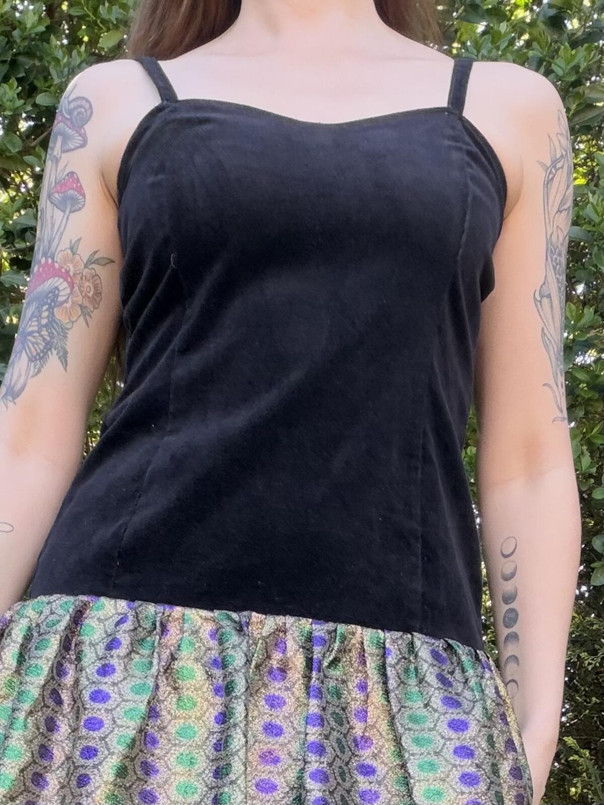 Vintage 1980s Party Dress Black Velvet with Patterned Skirt Dress Size 12