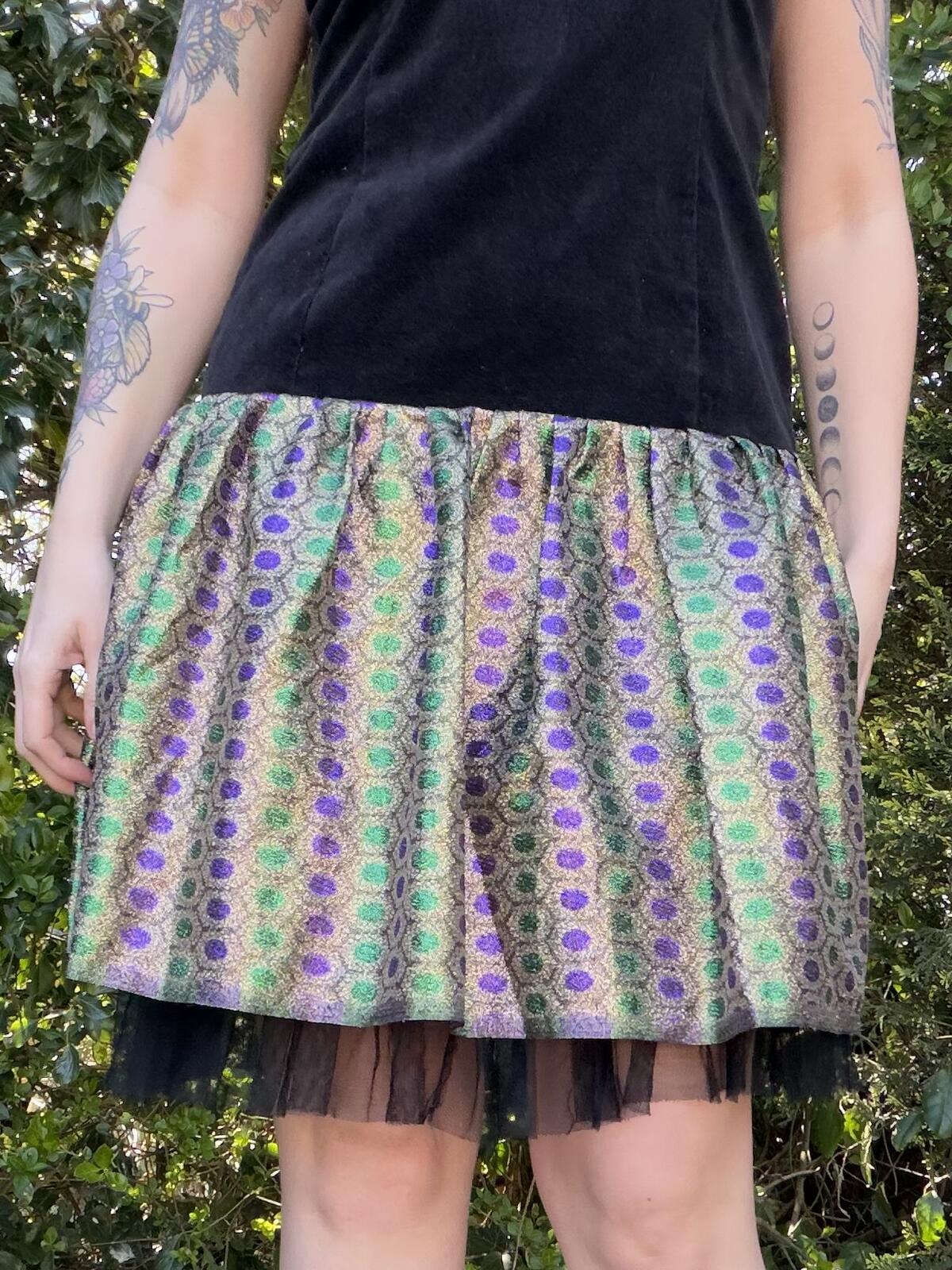 Vintage 1980s Party Dress Black Velvet with Patterned Skirt Dress Size 12