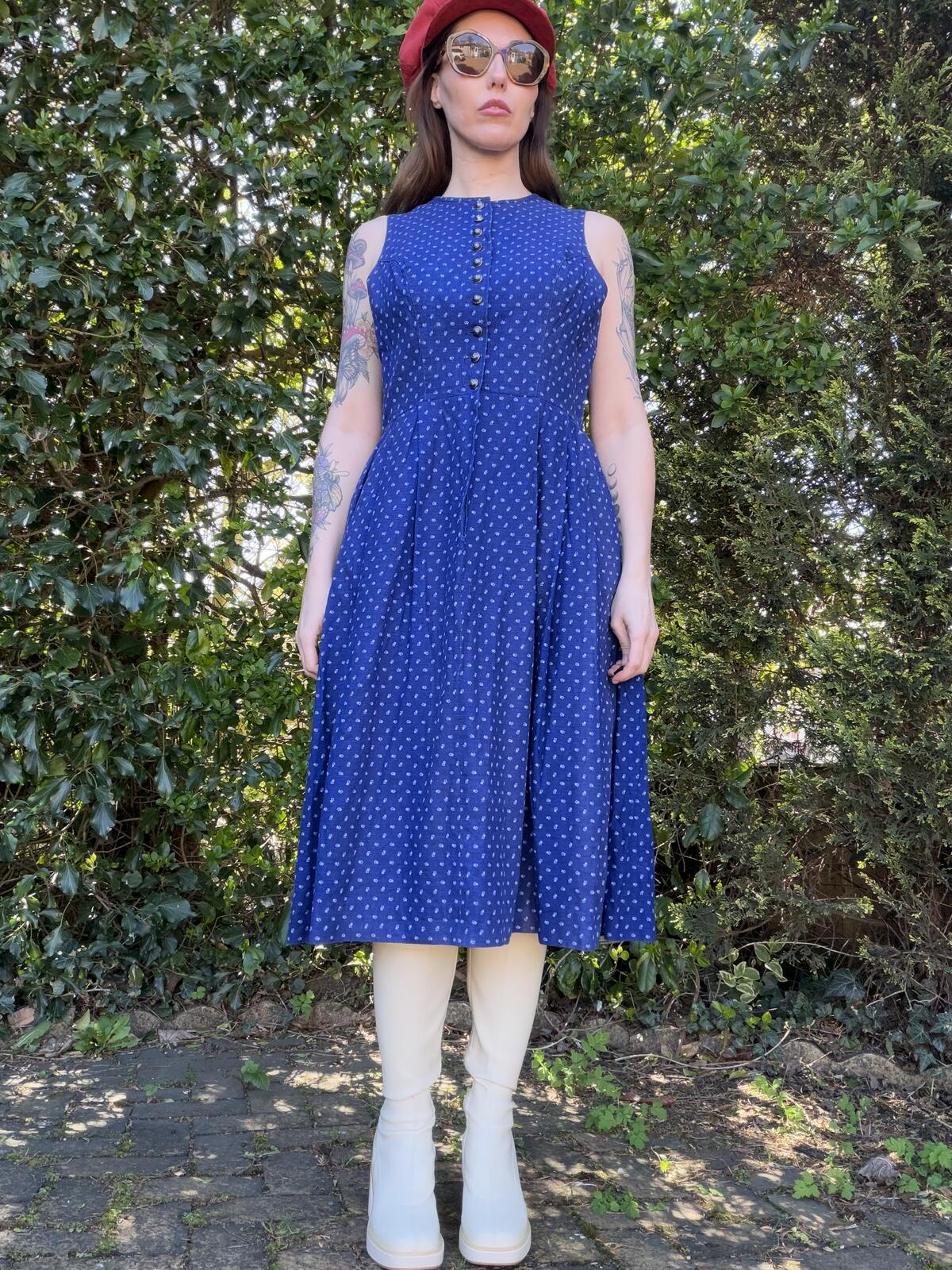 Vintage 1970s Dirndl Dress Traditional Alpine Austrian Blue Midi Size 12 14