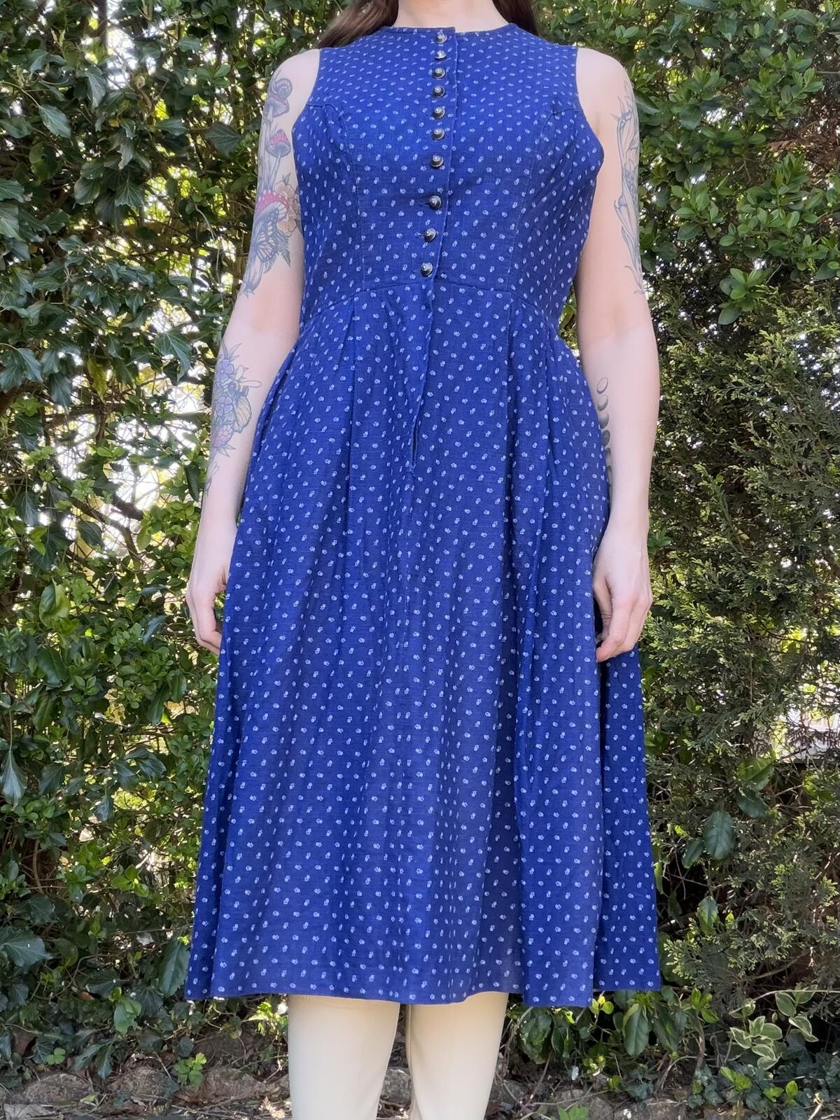 Vintage 1970s Dirndl Dress Traditional Alpine Austrian Blue Midi Size 12 14
