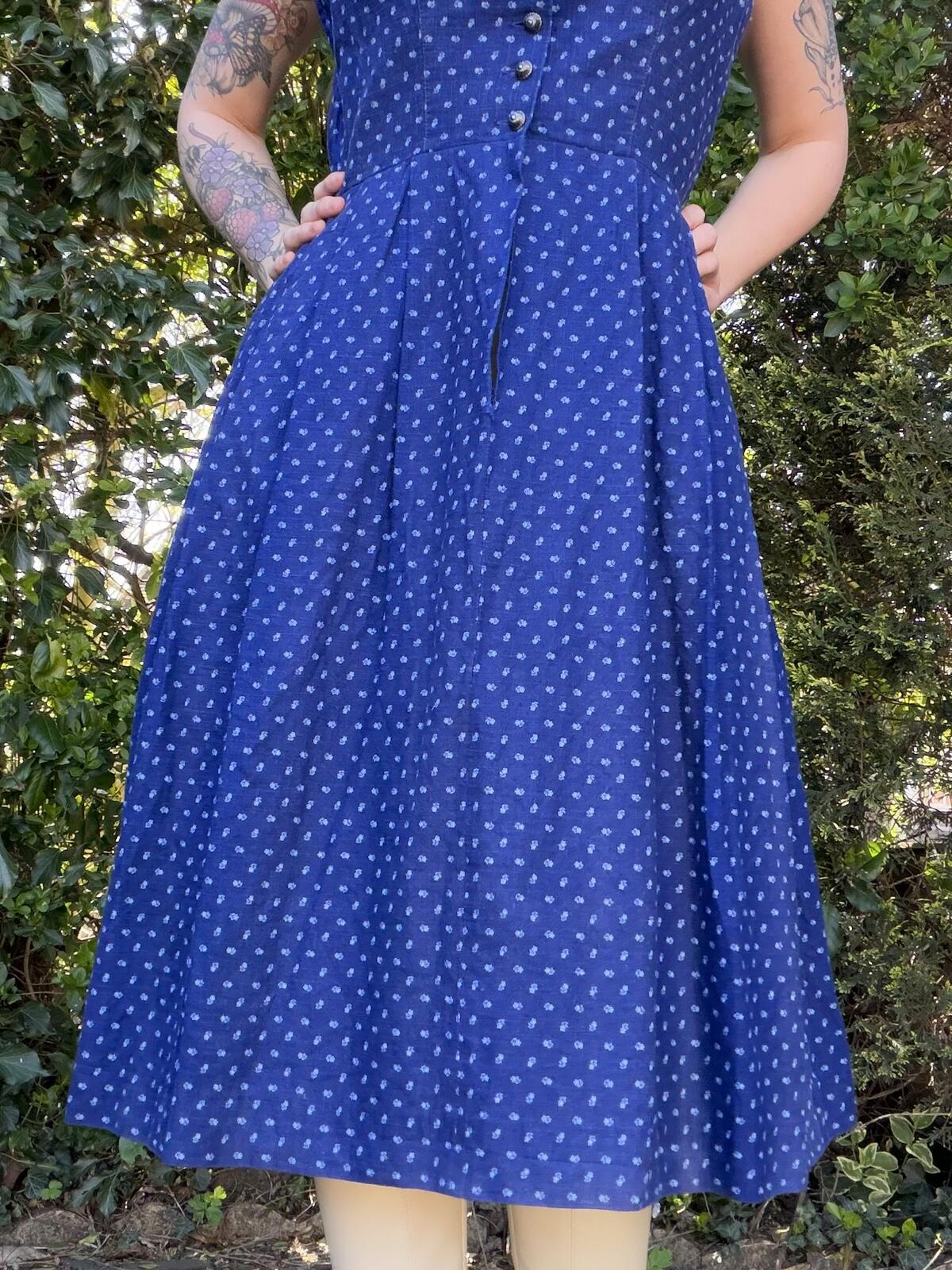 Vintage 1970s Dirndl Dress Traditional Alpine Austrian Blue Midi Size 12 14
