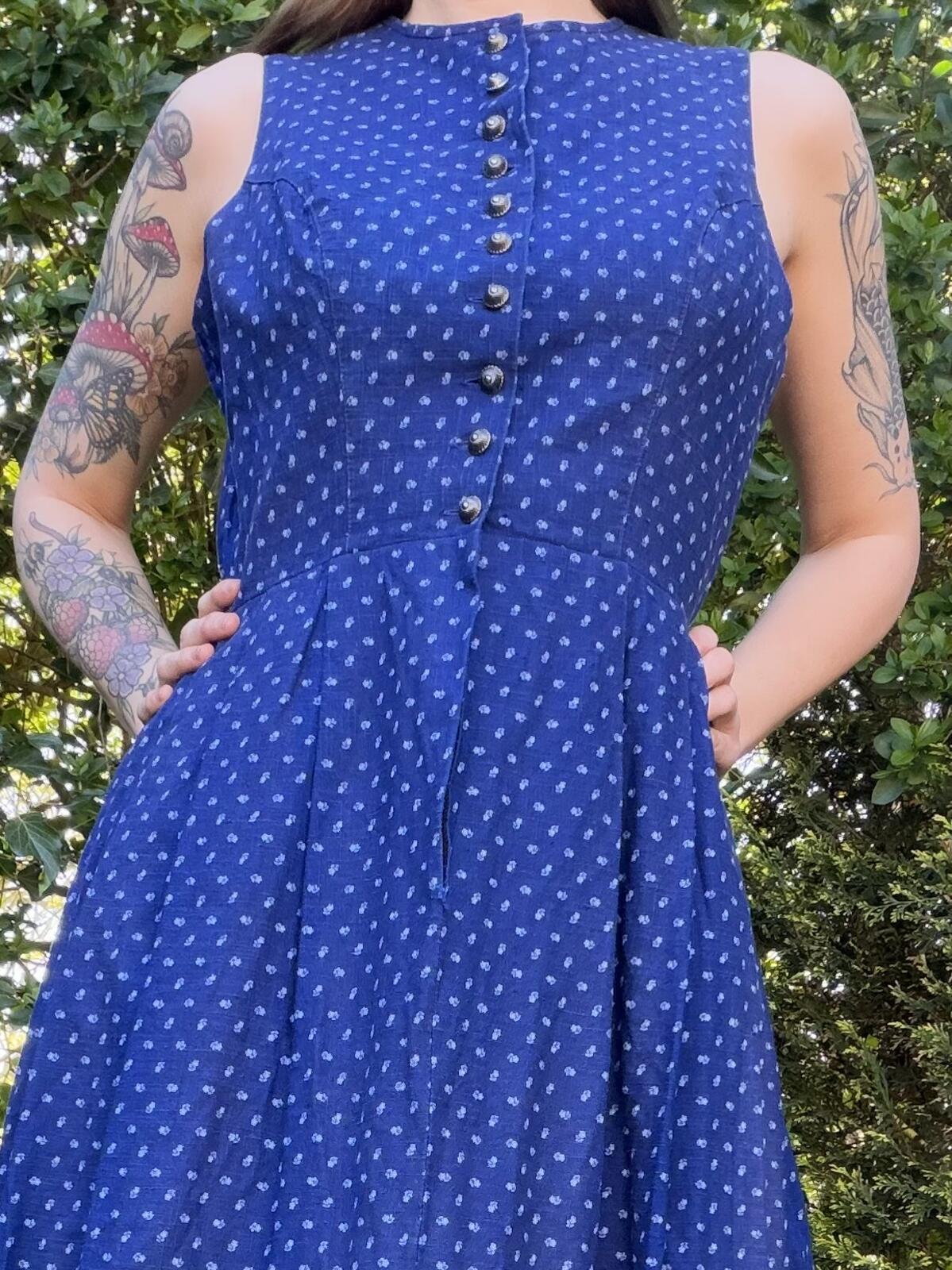 Vintage 1970s Dirndl Dress Traditional Alpine Austrian Blue Midi Size 12 14