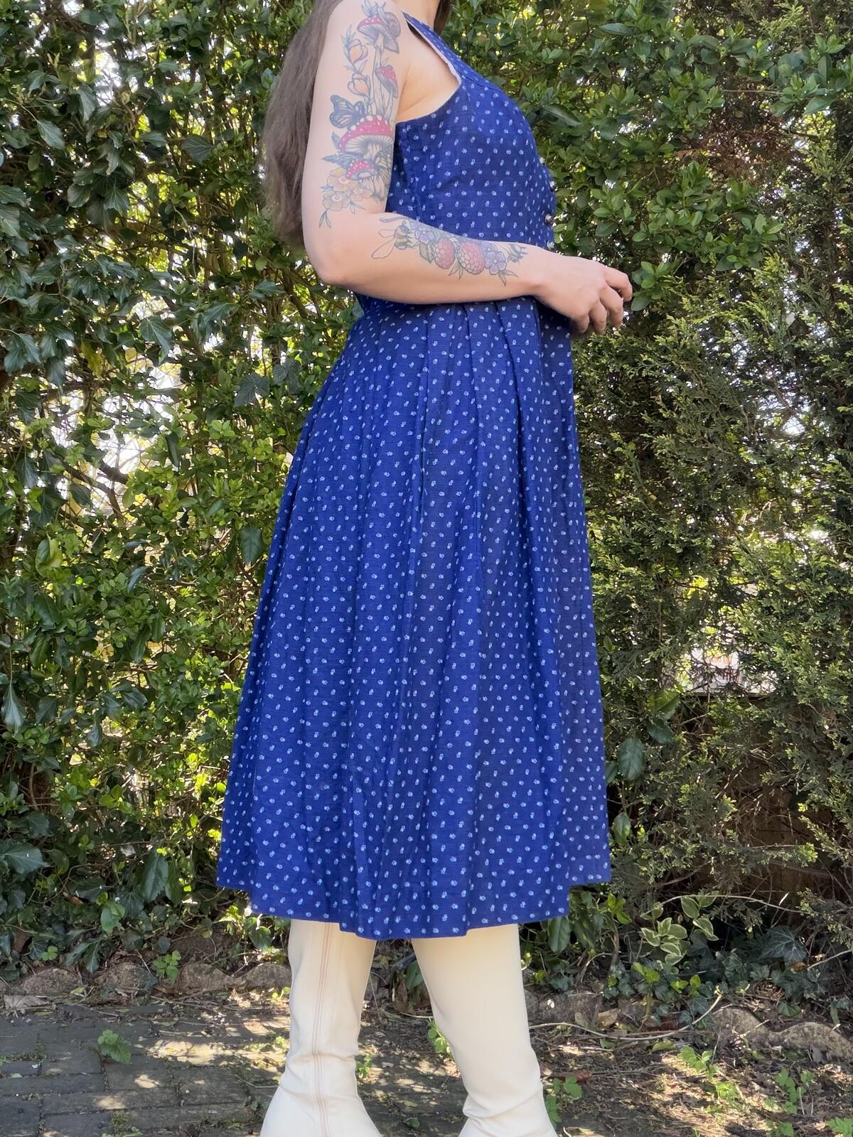 Vintage 1970s Dirndl Dress Traditional Alpine Austrian Blue Midi Size 12 14
