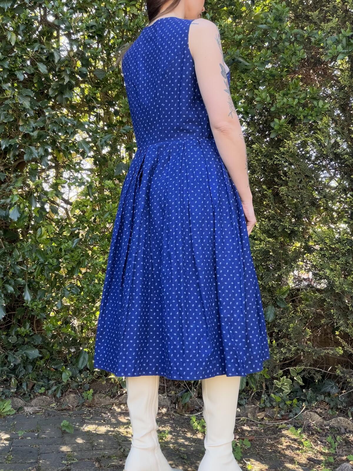 Vintage 1970s Dirndl Dress Traditional Alpine Austrian Blue Midi Size 12 14