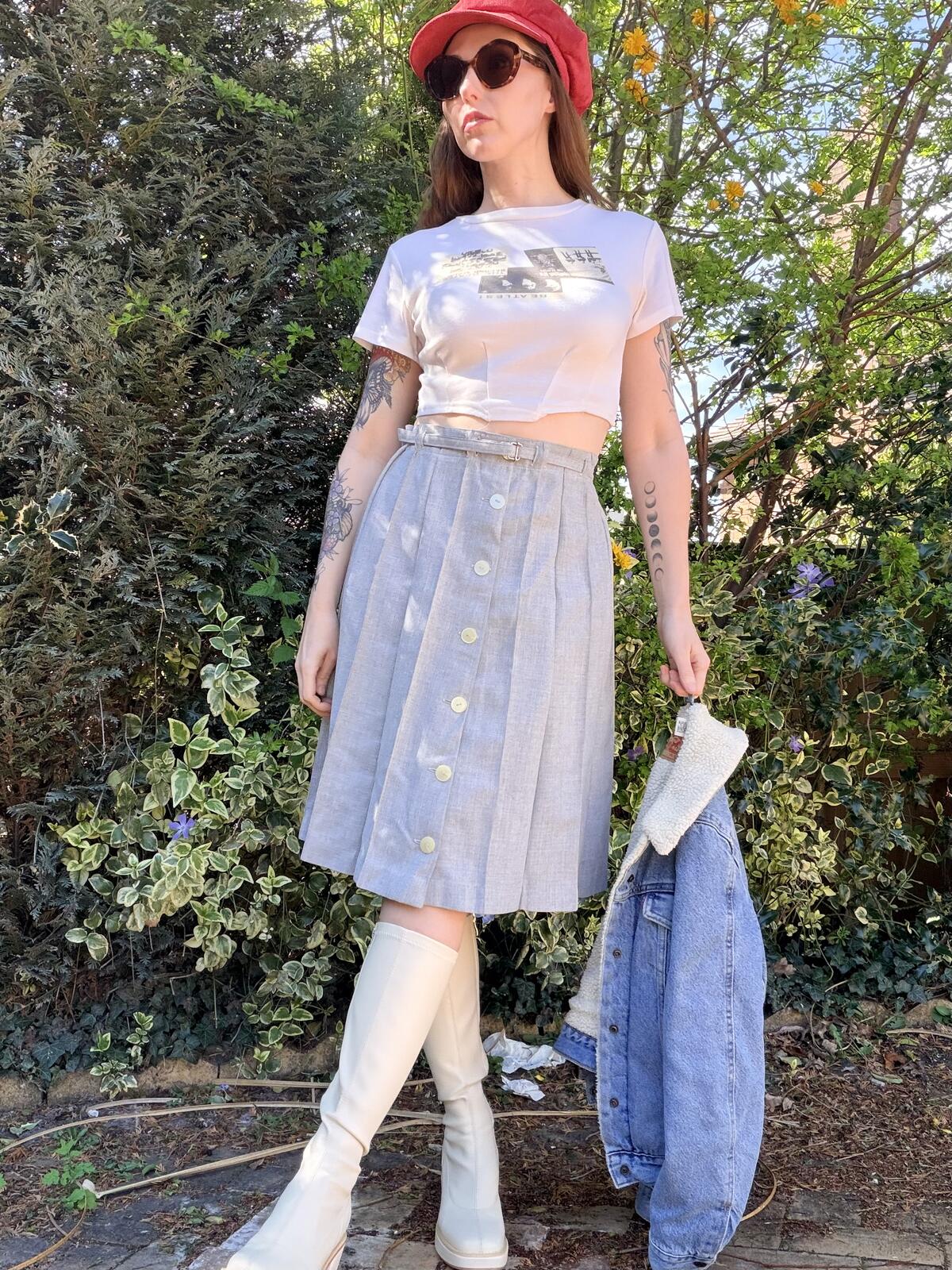 Vintage 1970s Pleated Button Front Midi Skirt with Belt Grey Size 10 to 14