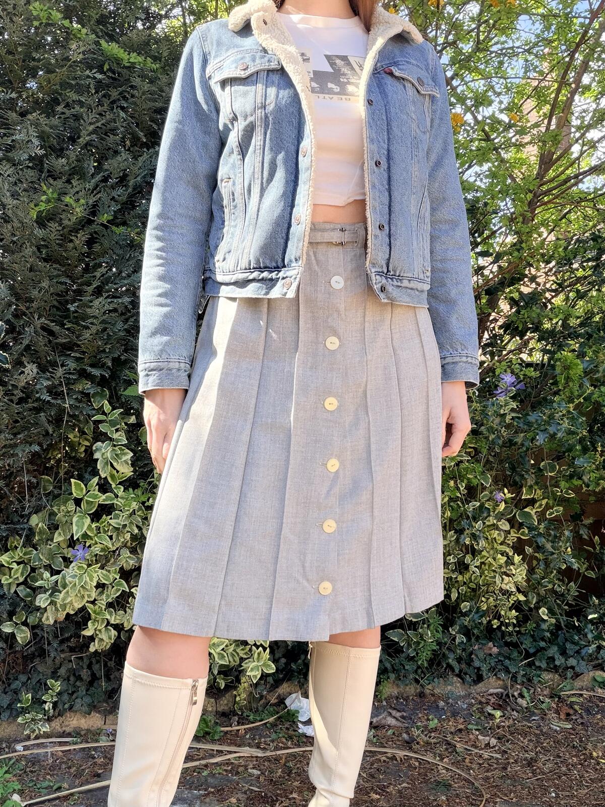 Vintage 1970s Pleated Button Front Midi Skirt with Belt Grey Size 10 to 14