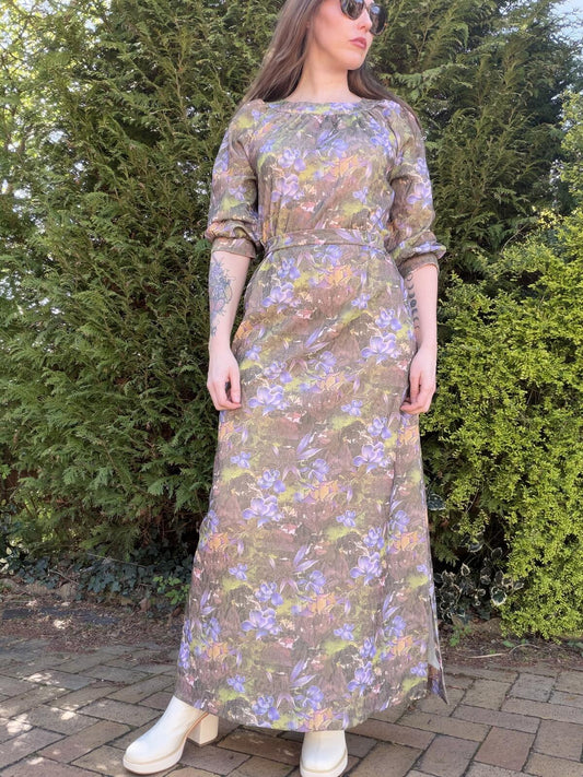 Vintage 1970s Maxi Dress Floral 3/4 Sleeve Long Dress Size 16 to 18