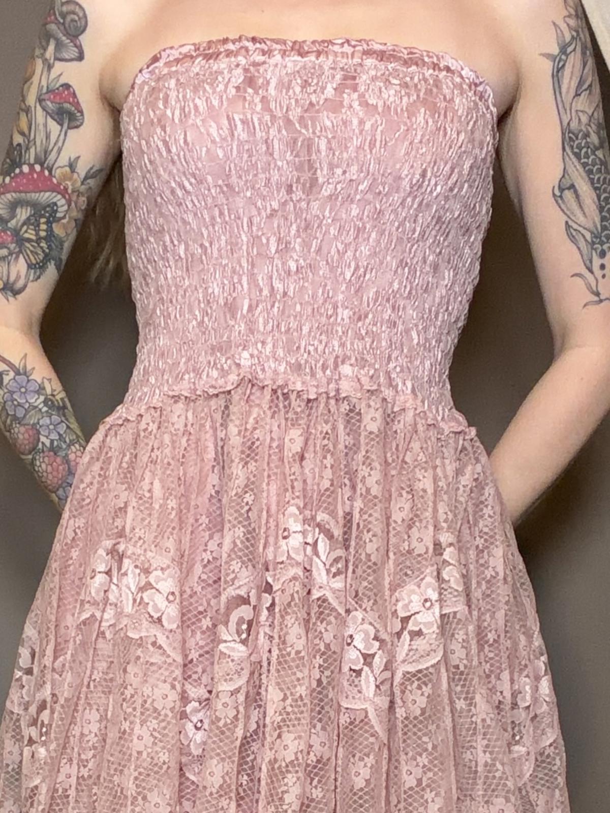Boho lace summer dress Strapless Pink layered frilly fairycore dress size 8 10