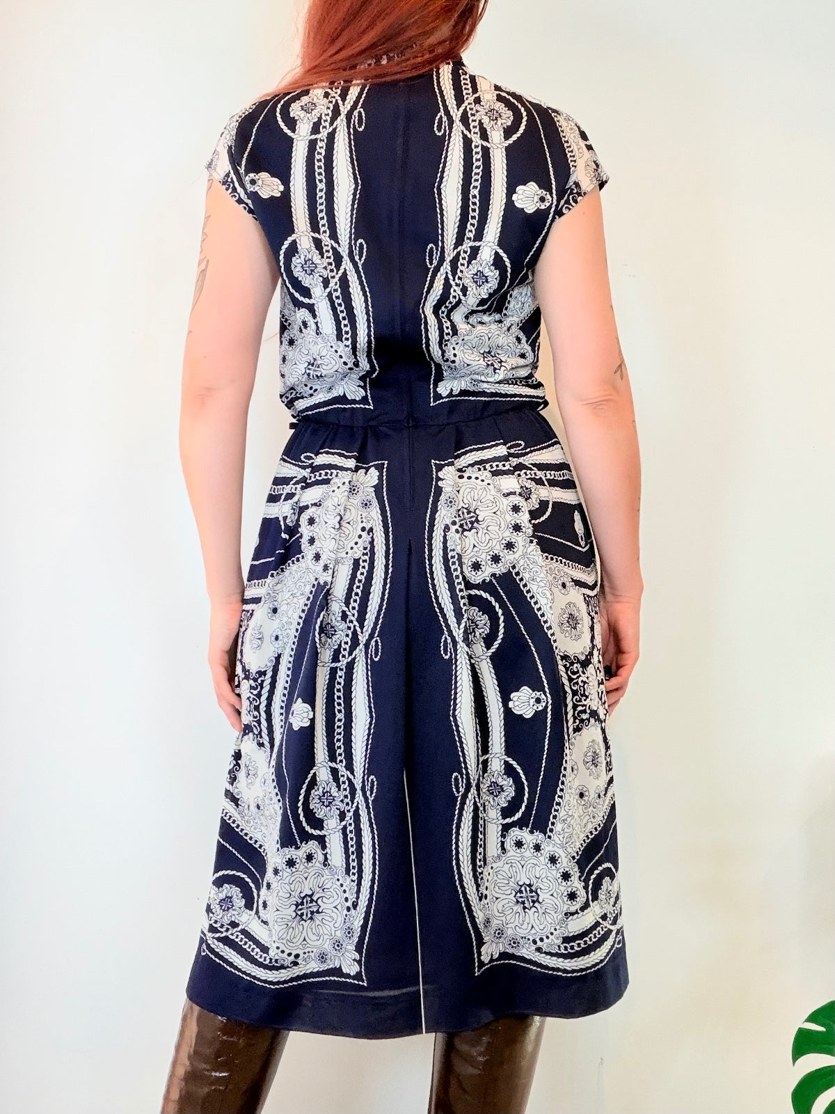 Vintage 1980s Midi Dress Navy and White Patterned with Cap Sleeves size 12