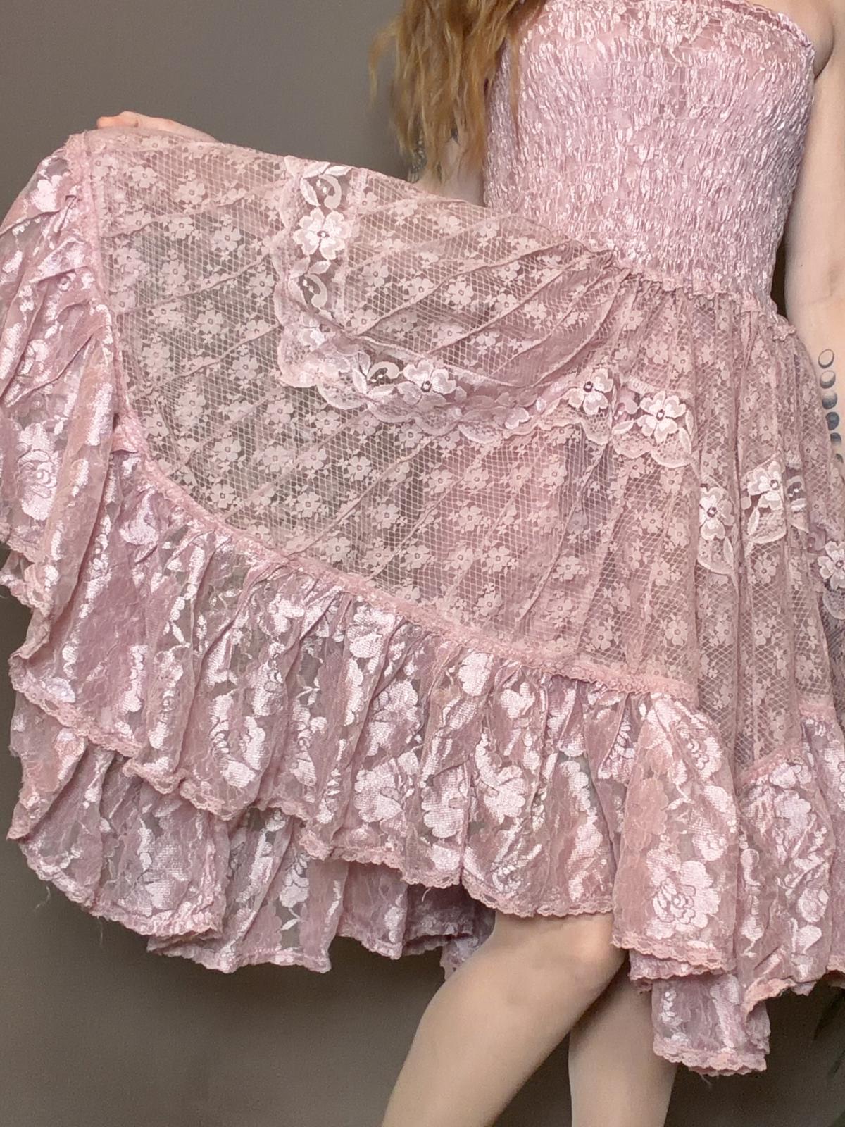 Boho lace summer dress Strapless Pink layered frilly fairycore dress size 8 10