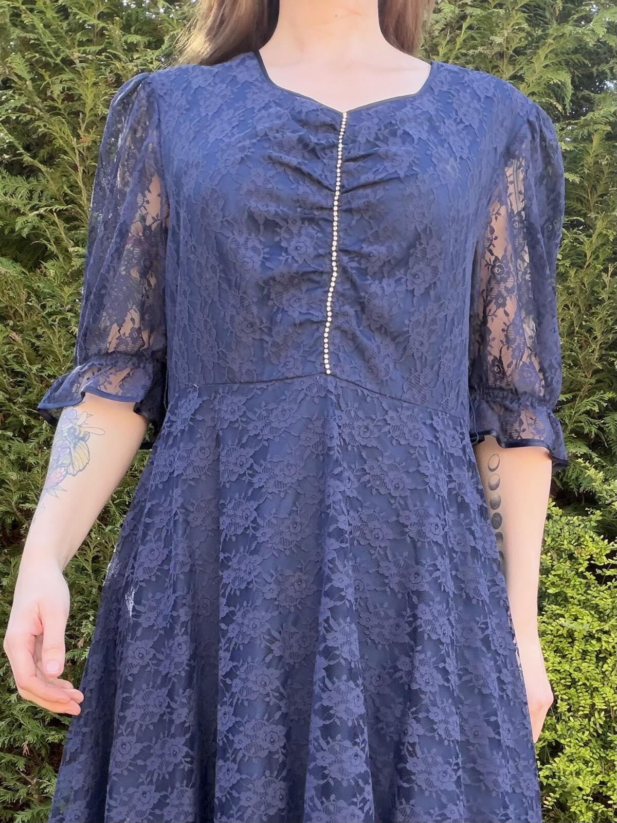 Vintage 1980s Maxi Dress Blue Lace Long Dress with Diamante Detail Size 16