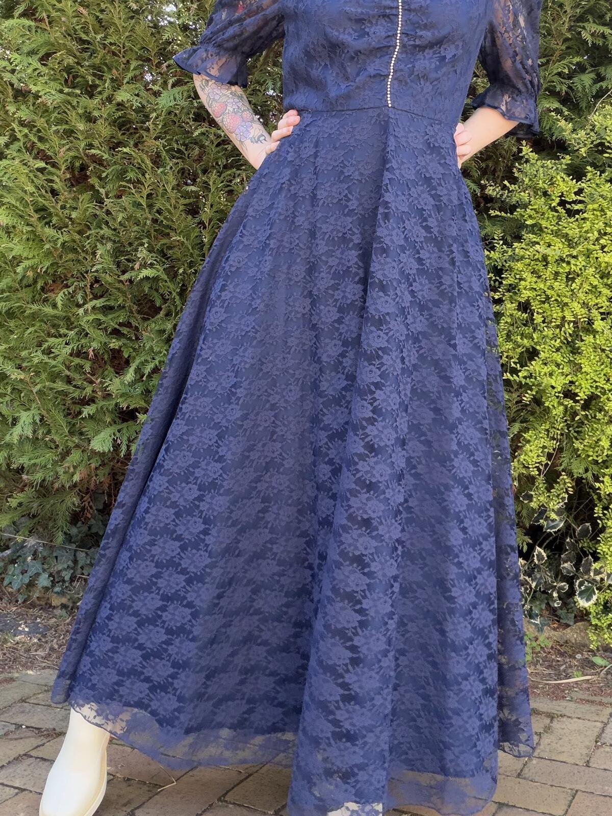 Vintage 1980s Maxi Dress Blue Lace Long Dress with Diamante Detail Size 16