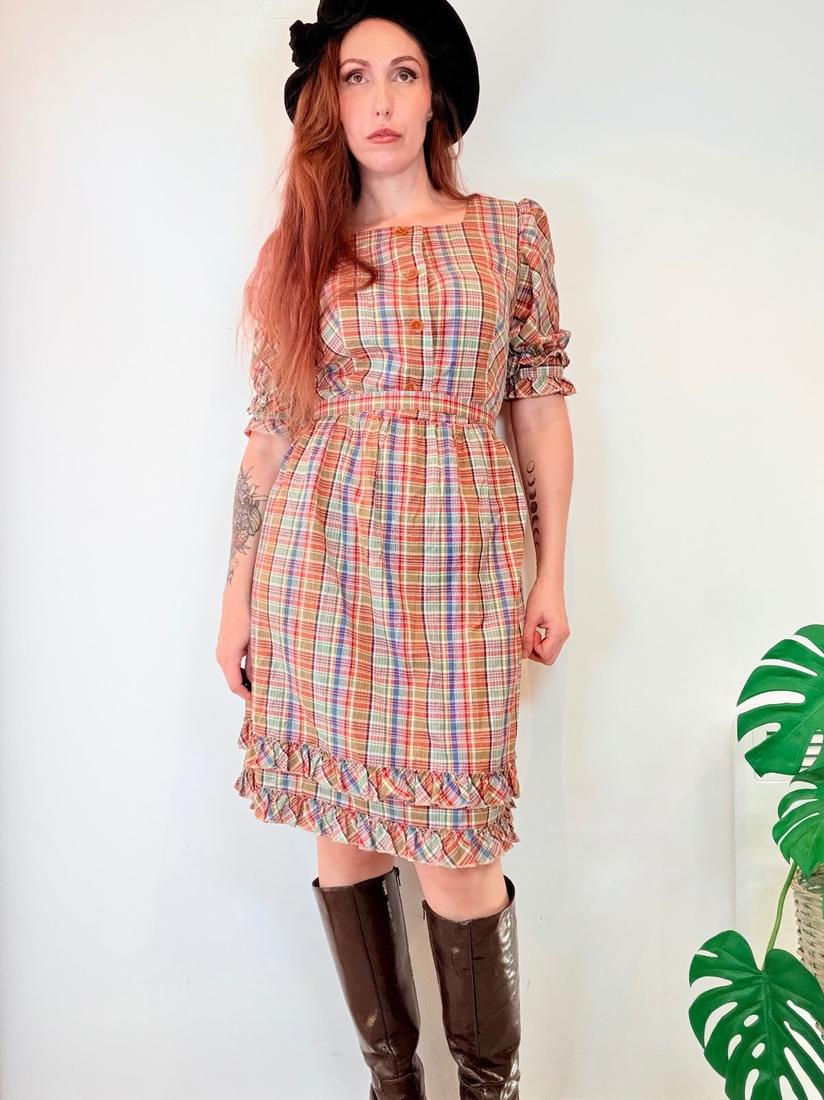 Vintage Plaid Midi Dress with Tartan Ruffle Trim and Puff Sleeves Size 12