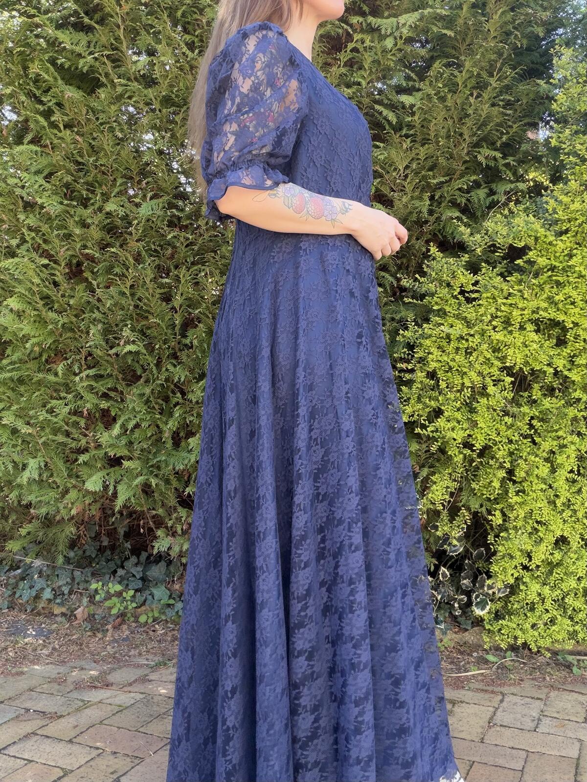 Vintage 1980s Maxi Dress Blue Lace Long Dress with Diamante Detail Size 16