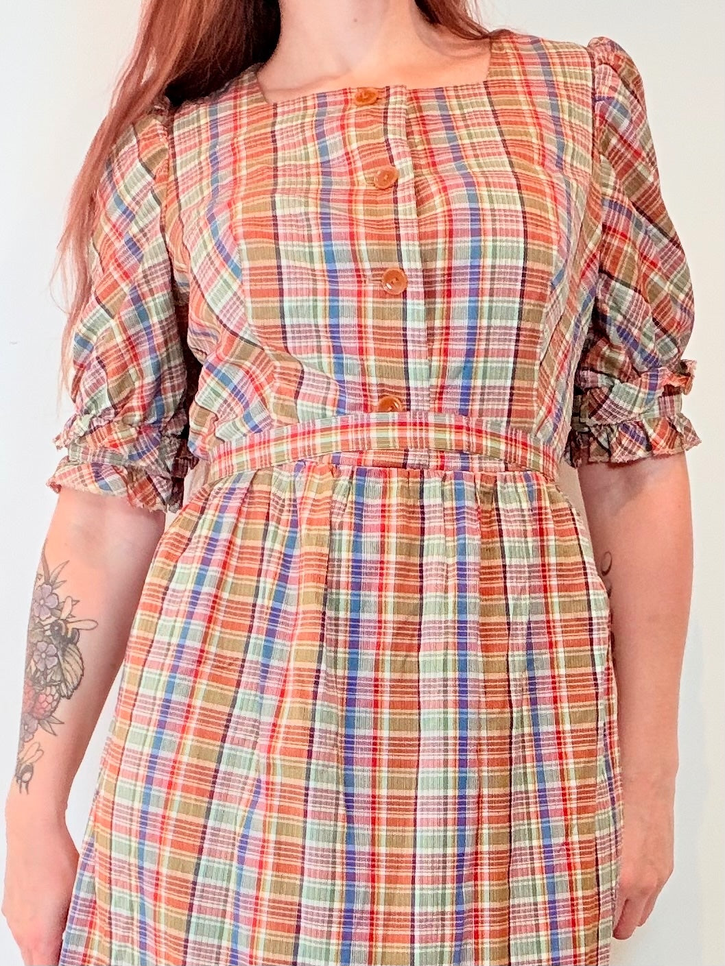 Vintage Plaid Midi Dress with Tartan Ruffle Trim and Puff Sleeves Size 12
