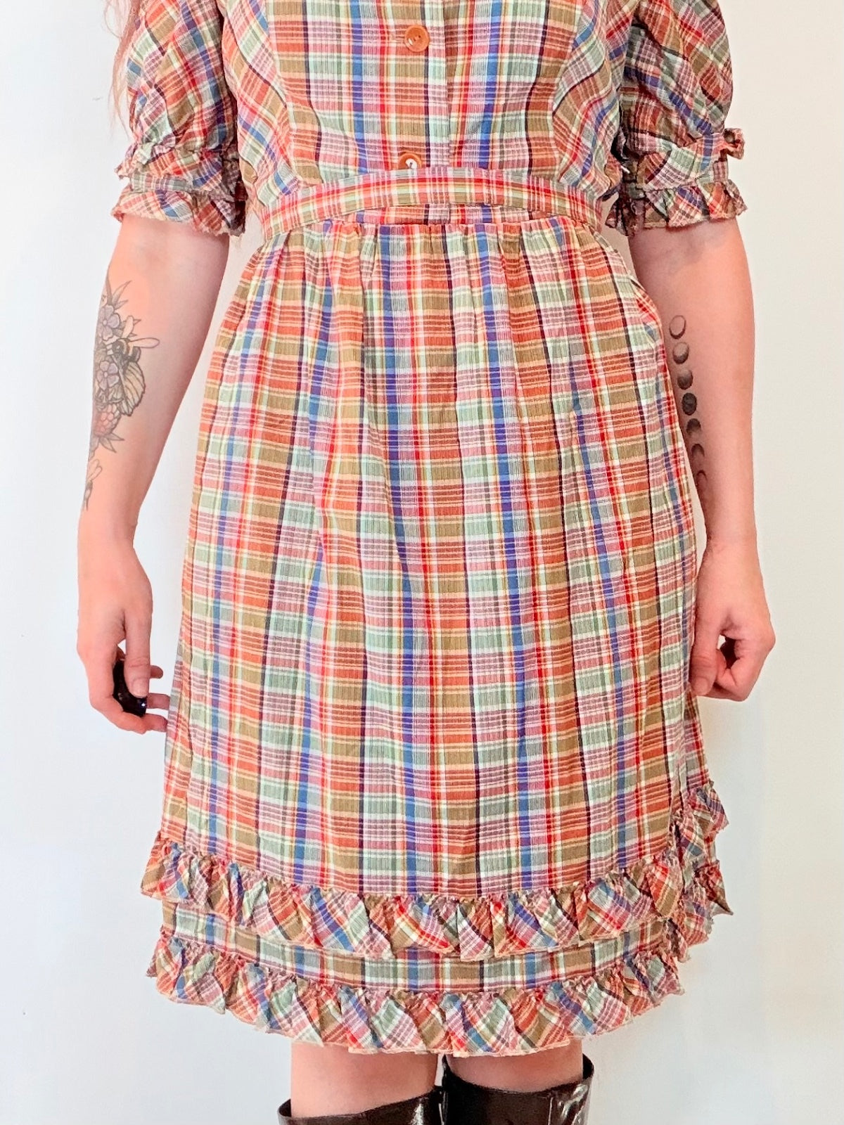 Vintage Plaid Midi Dress with Tartan Ruffle Trim and Puff Sleeves Size 12