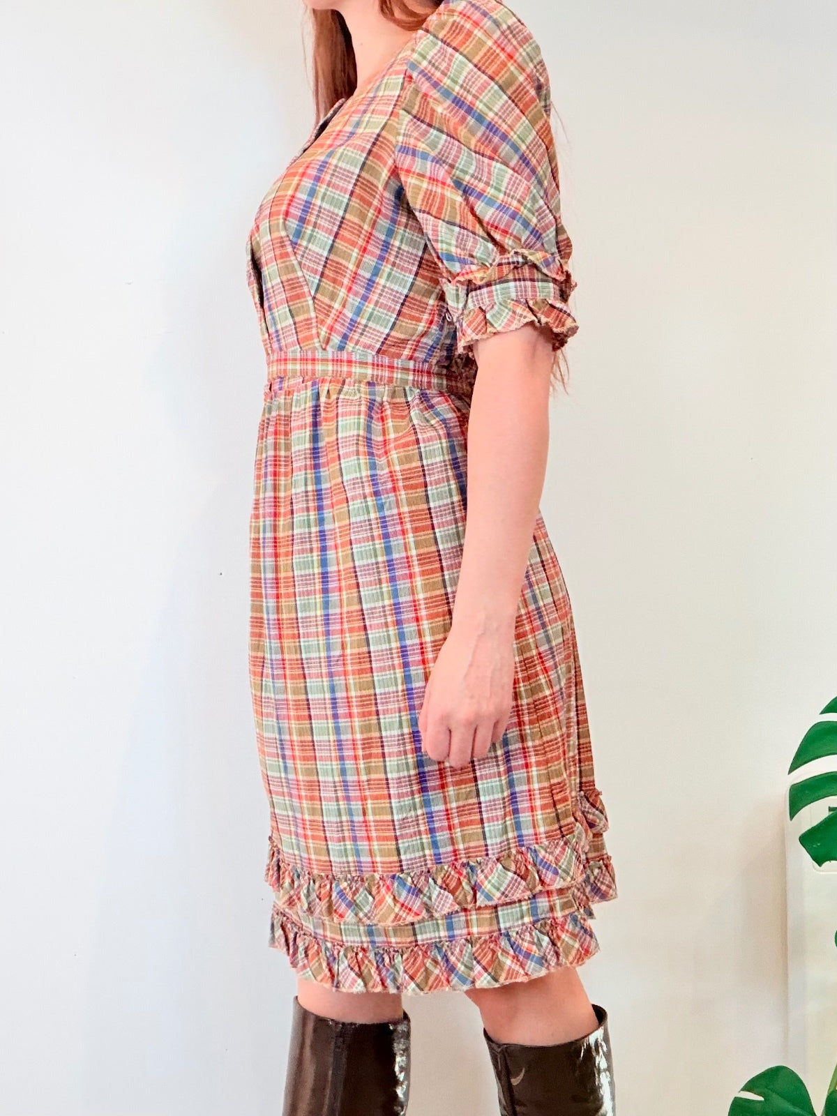 Vintage Plaid Midi Dress with Tartan Ruffle Trim and Puff Sleeves Size 12
