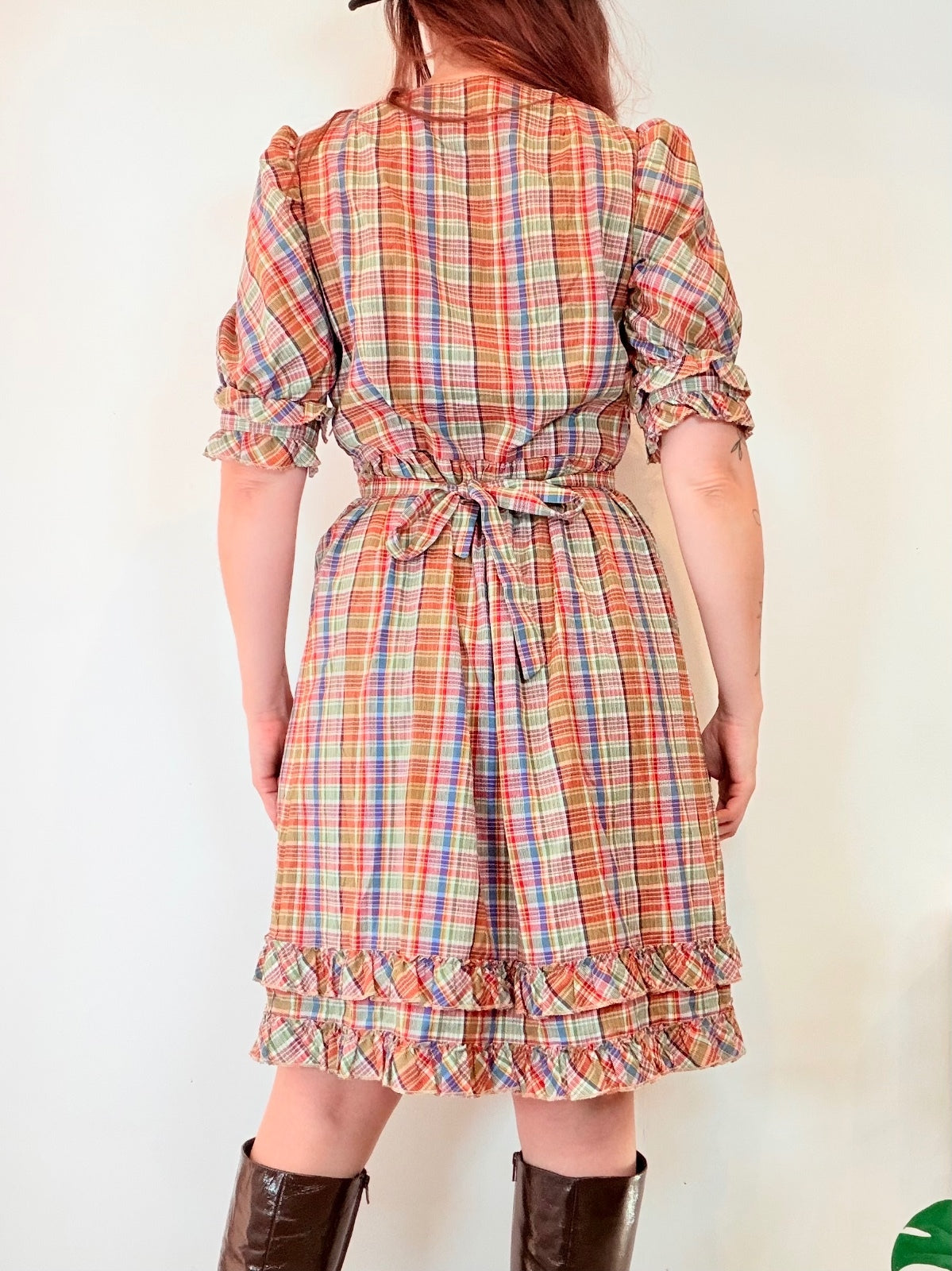 Vintage Plaid Midi Dress with Tartan Ruffle Trim and Puff Sleeves Size 12