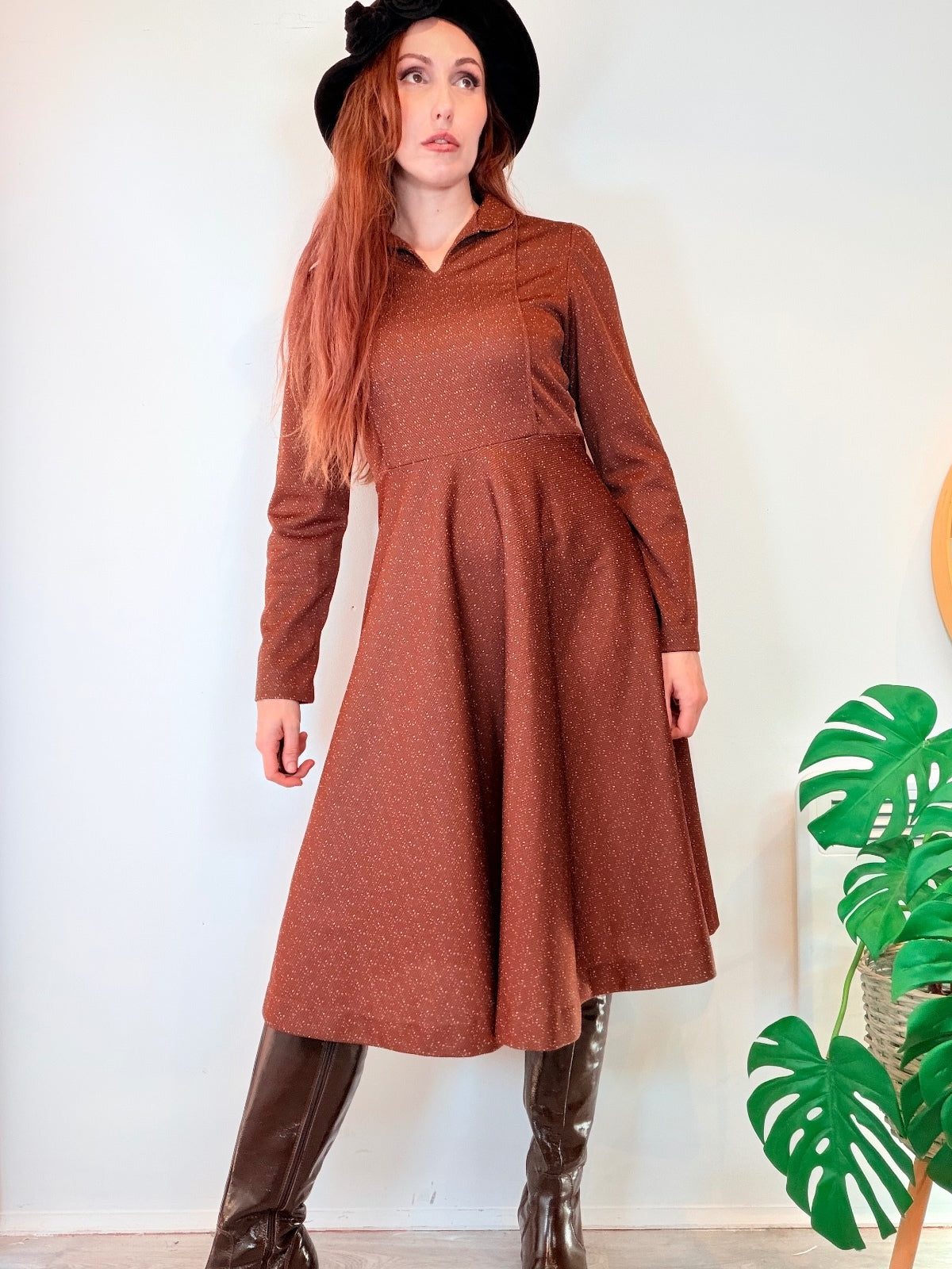 Brown Long Sleeve Dress Vintage 1960s Fit & Flare Midi Size 8 to 10
