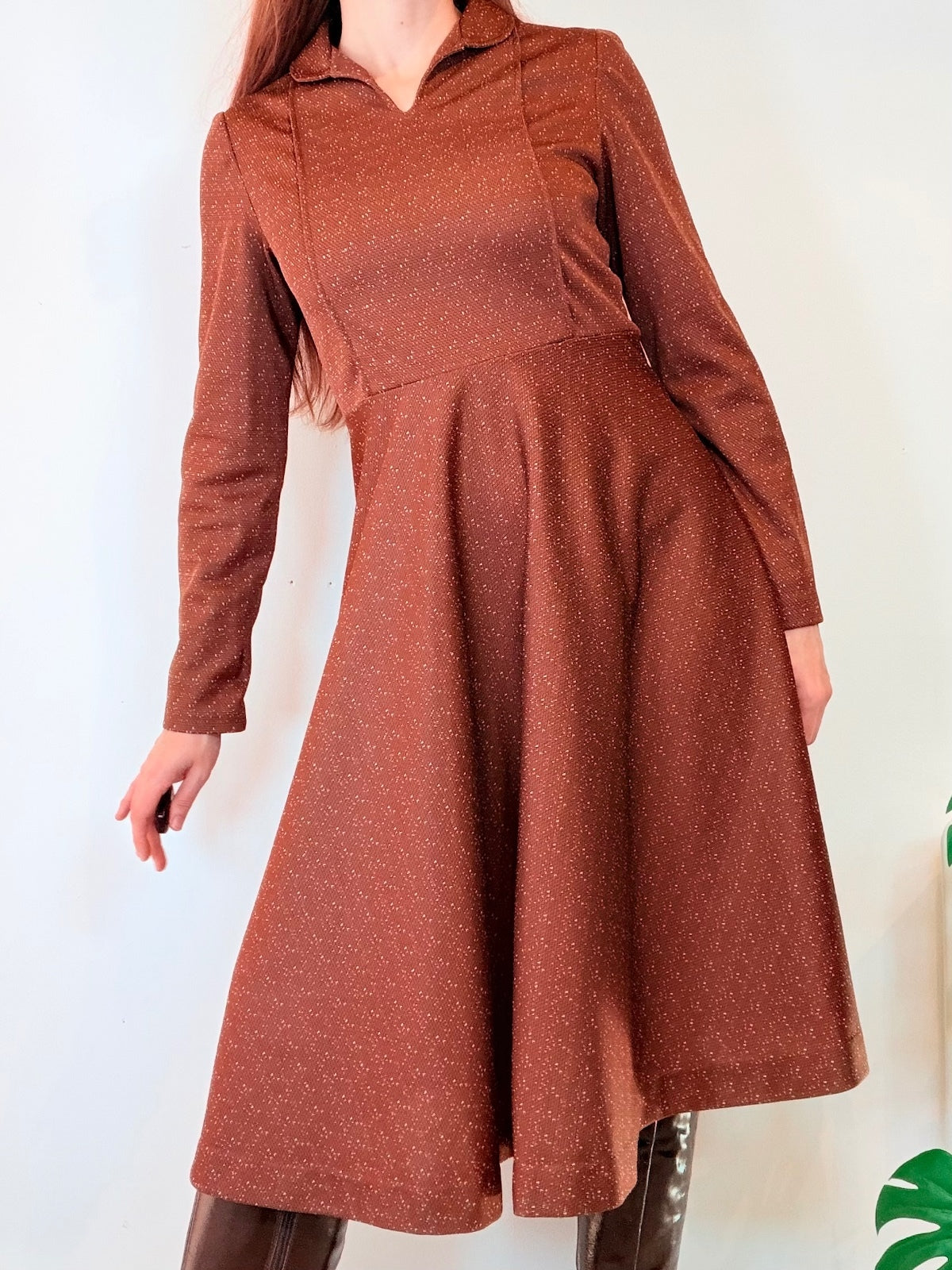 Brown Long Sleeve Dress Vintage 1960s Fit & Flare Midi Size 8 to 10
