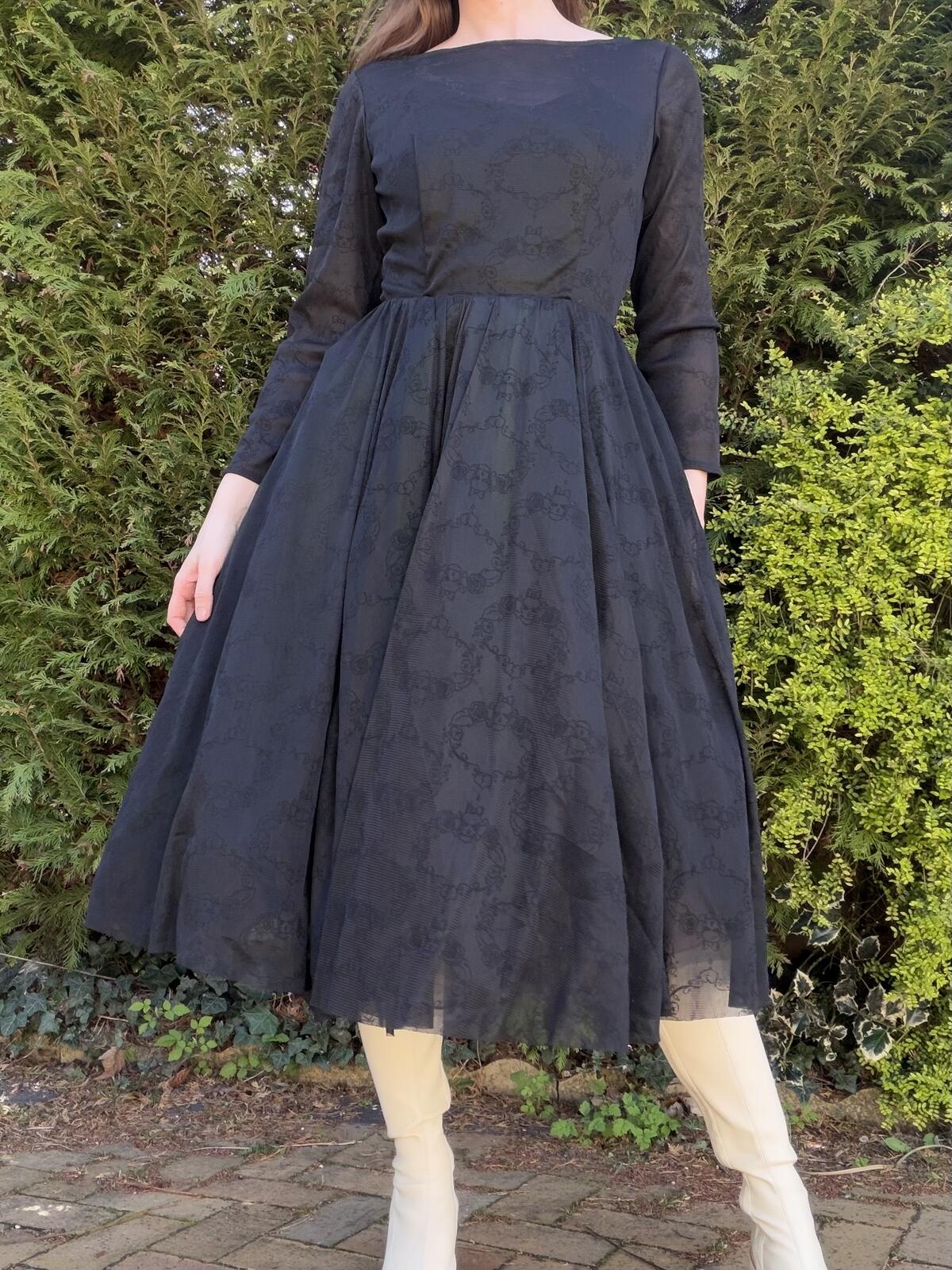 Vintage 1980s Party Dress Black Long Sleeve Midi Dress with Green Lining Size 10