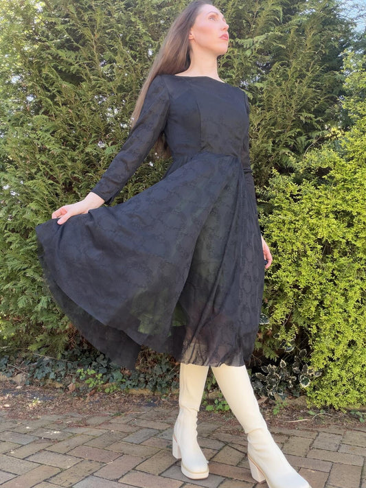 Vintage 1980s Party Dress Black Long Sleeve Midi Dress with Green Lining Size 10