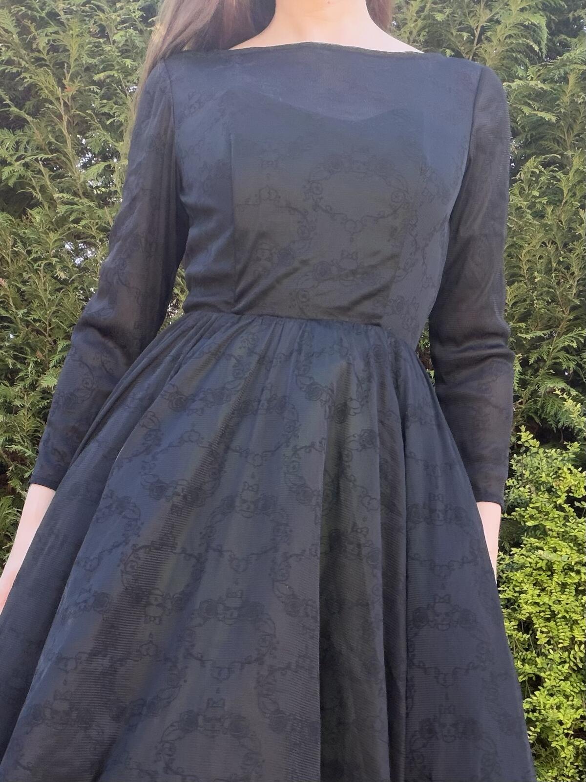 Vintage 1980s Party Dress Black Long Sleeve Midi Dress with Green Lining Size 10